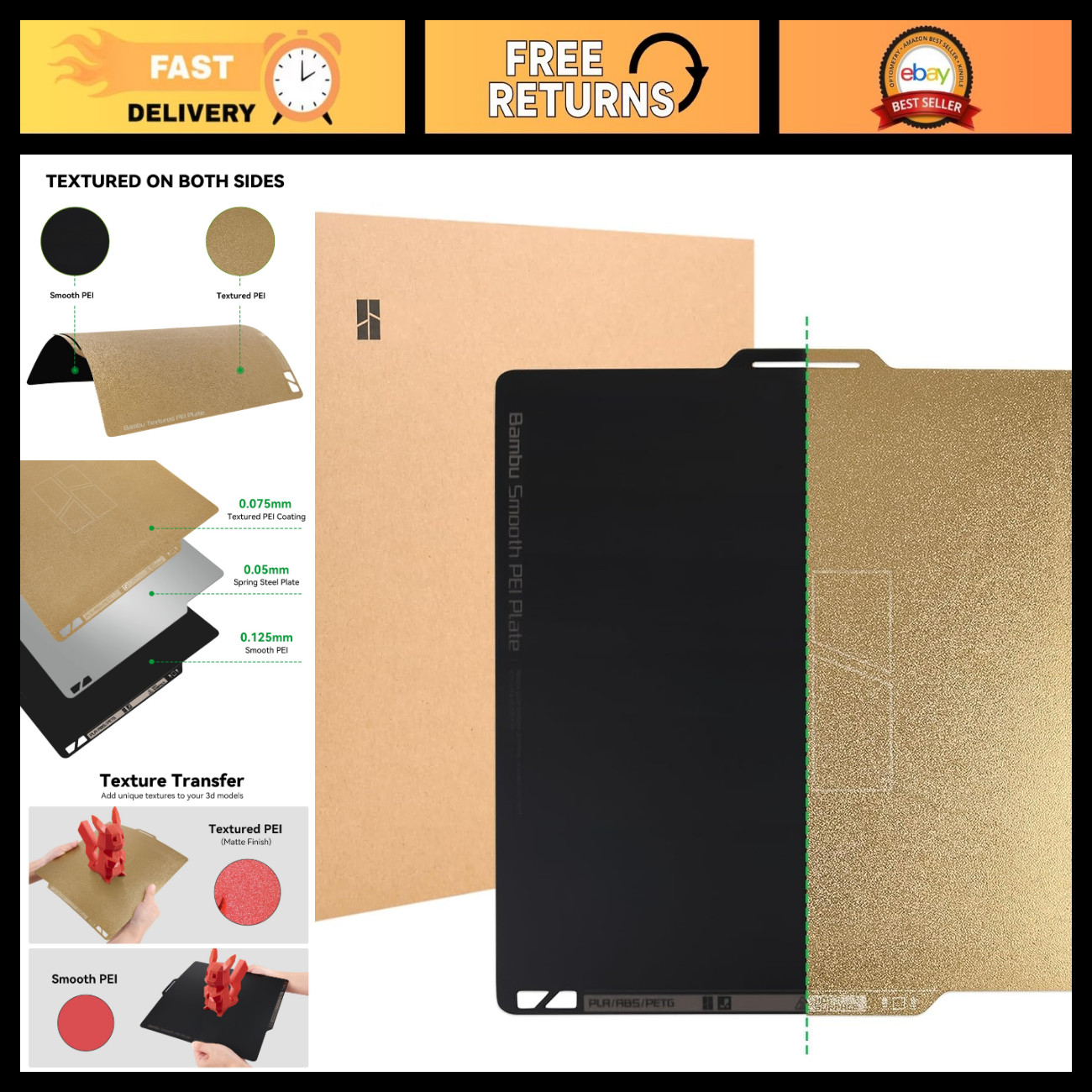Dual-Sided PEI Build Plate for 3D Printers - Textured & Smooth, Removable 257x25