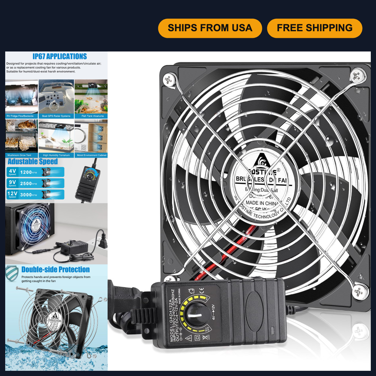 120mm Waterproof Cooling Fan with Speed Controller - 110V/120V AC, IP67 Rated
