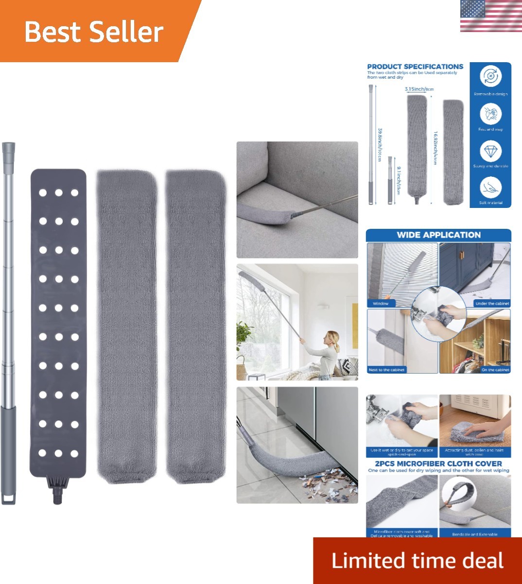 Washable Retractable Gap Duster with 60in Long Handle - Ideal for Appliances