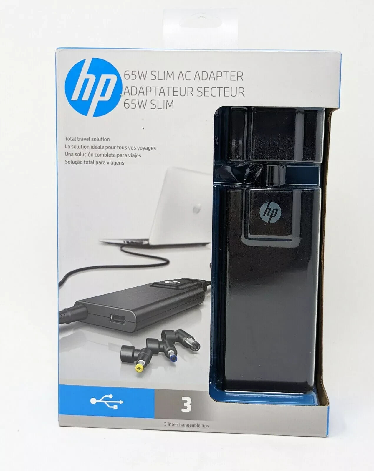 HP 65W Slim AC Adapter G6H47AA w/ 3 Interchangeable Tips for Travel