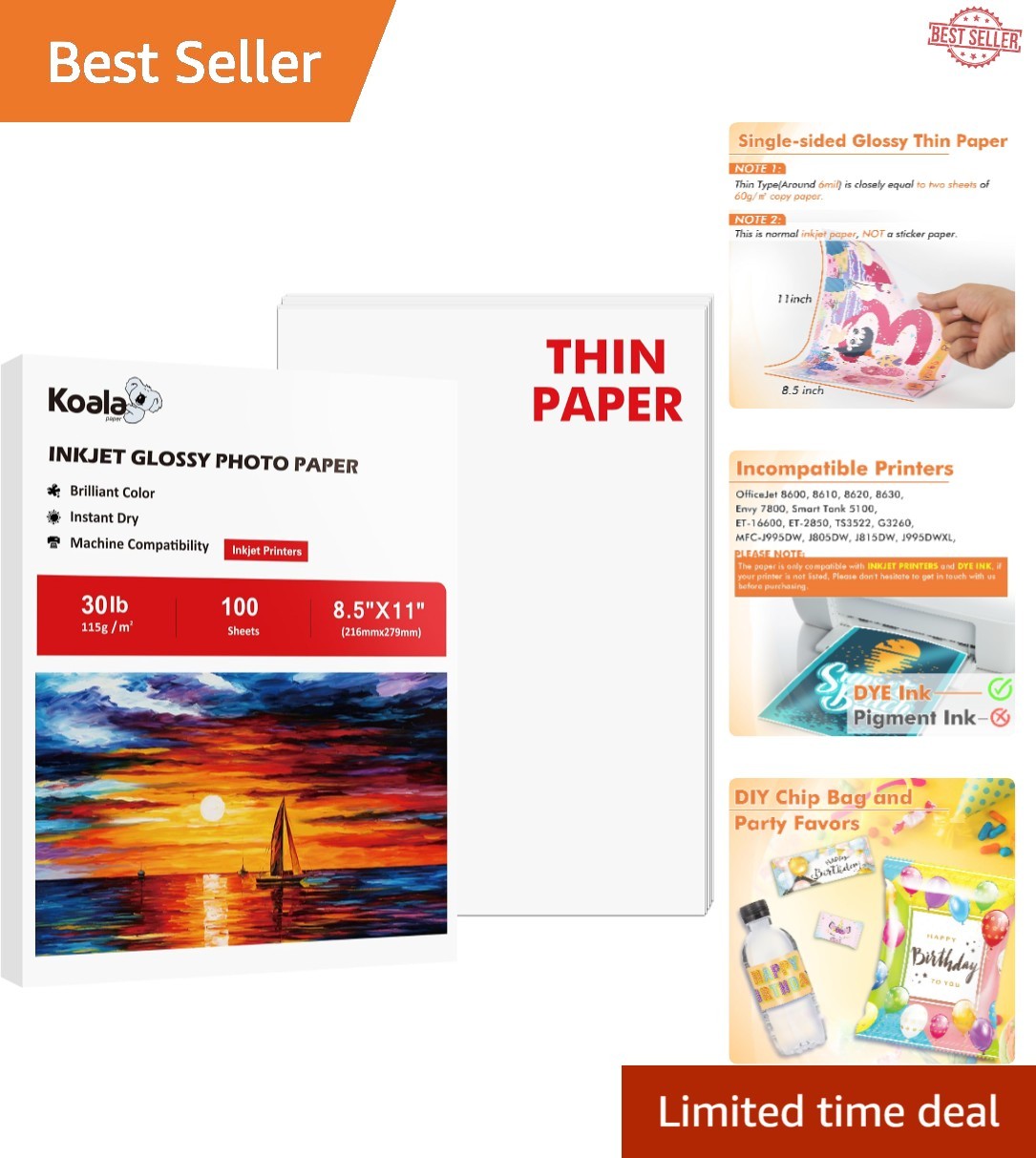 Fast-Drying Glossy Inkjet Paper 30LB, 100 Sheets - Perfect for Creatives
