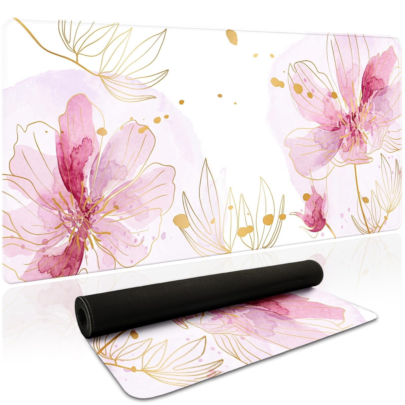 Pink Aesthetic Floral XXL Large Mouse Pad Waterproof Desk Mat 35.4x15.7 Inch