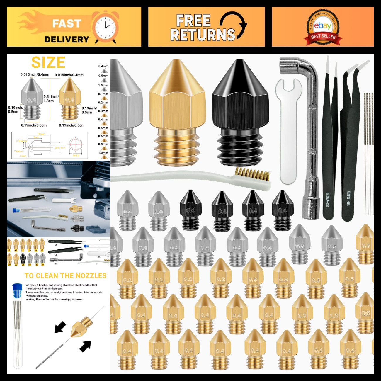 50 Pcs 3D Printer Nozzles Set - Hardened Steel, Brass, Wear Resistant, Mk8, High