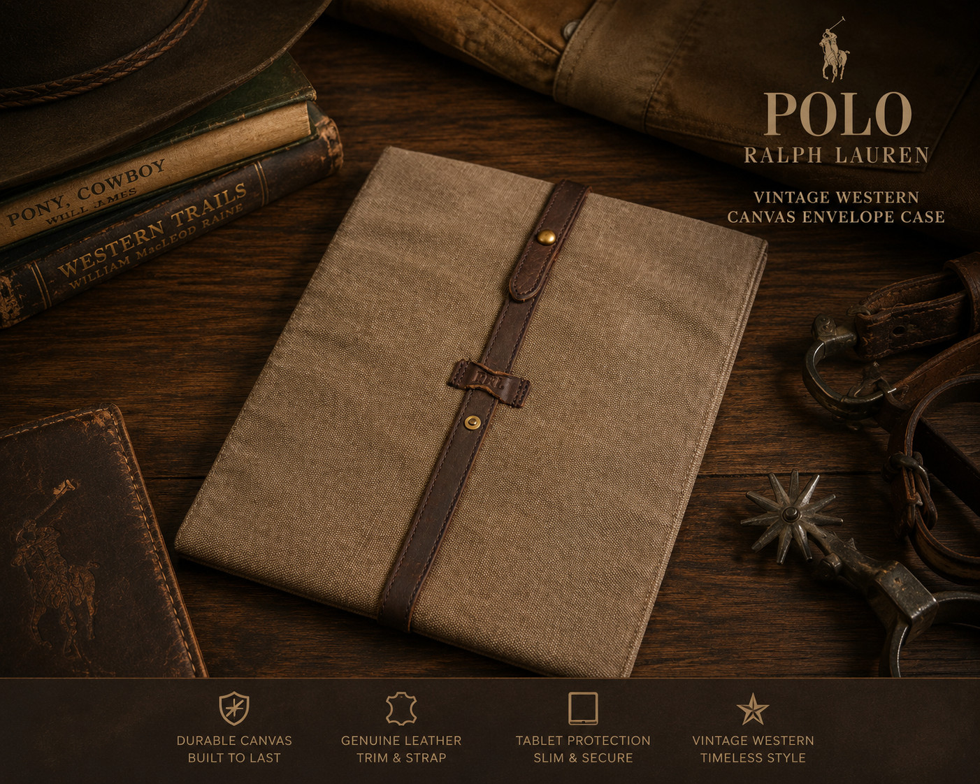 $145 Polo Ralph Lauren Tablet Vintage Western Canvas Envelope Case Sleeve Brown
