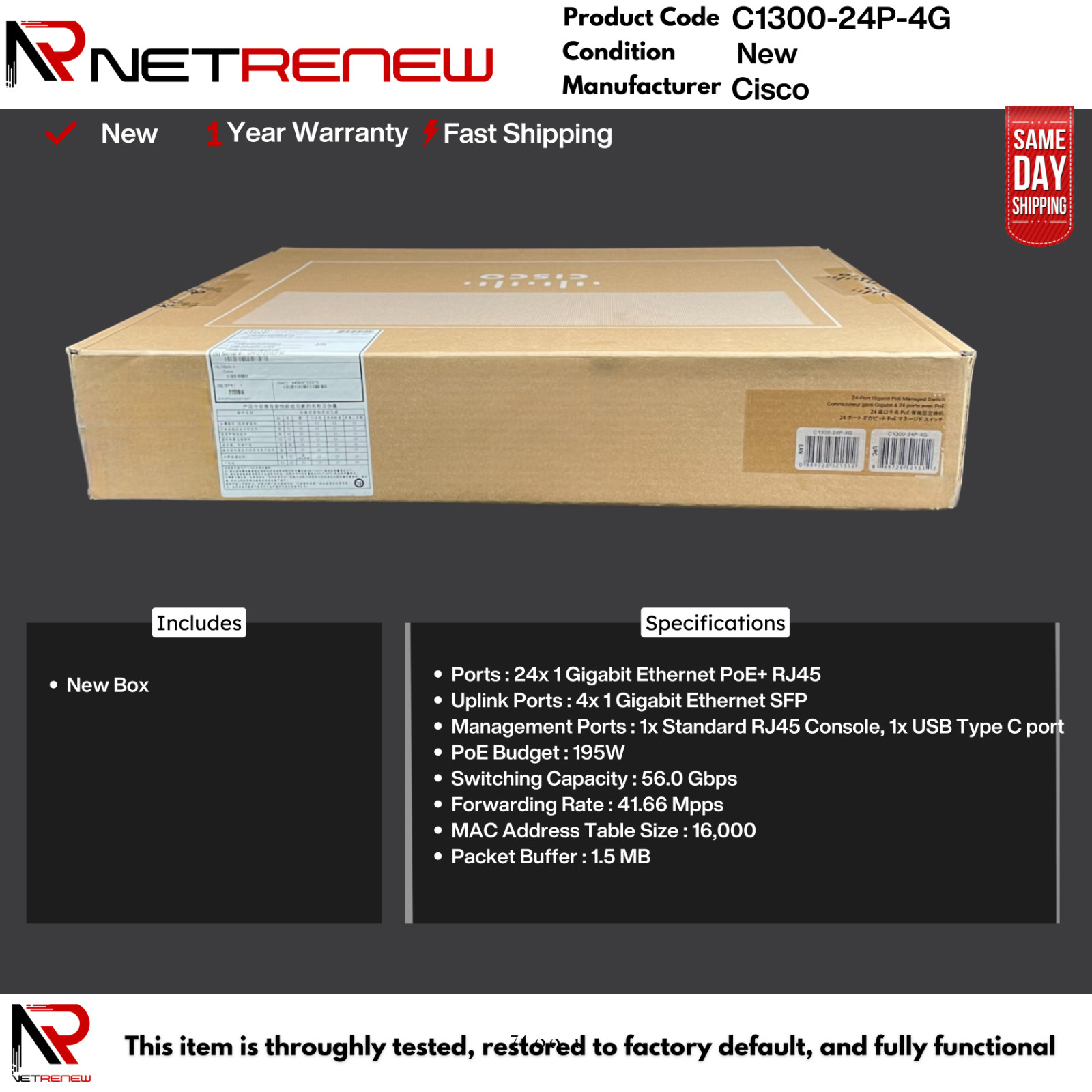 🔀 NEW Cisco Catalyst C1300-24P-4G • 24× PoE+ • 4× SFP Network Switch