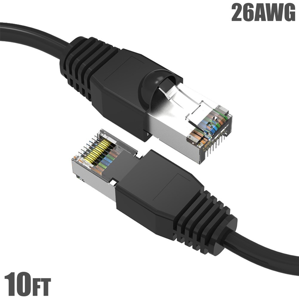 10FT Cat6A RJ45 Network LAN Ethernet SSTP Cable Shielded Copper Wire 26AWG Black