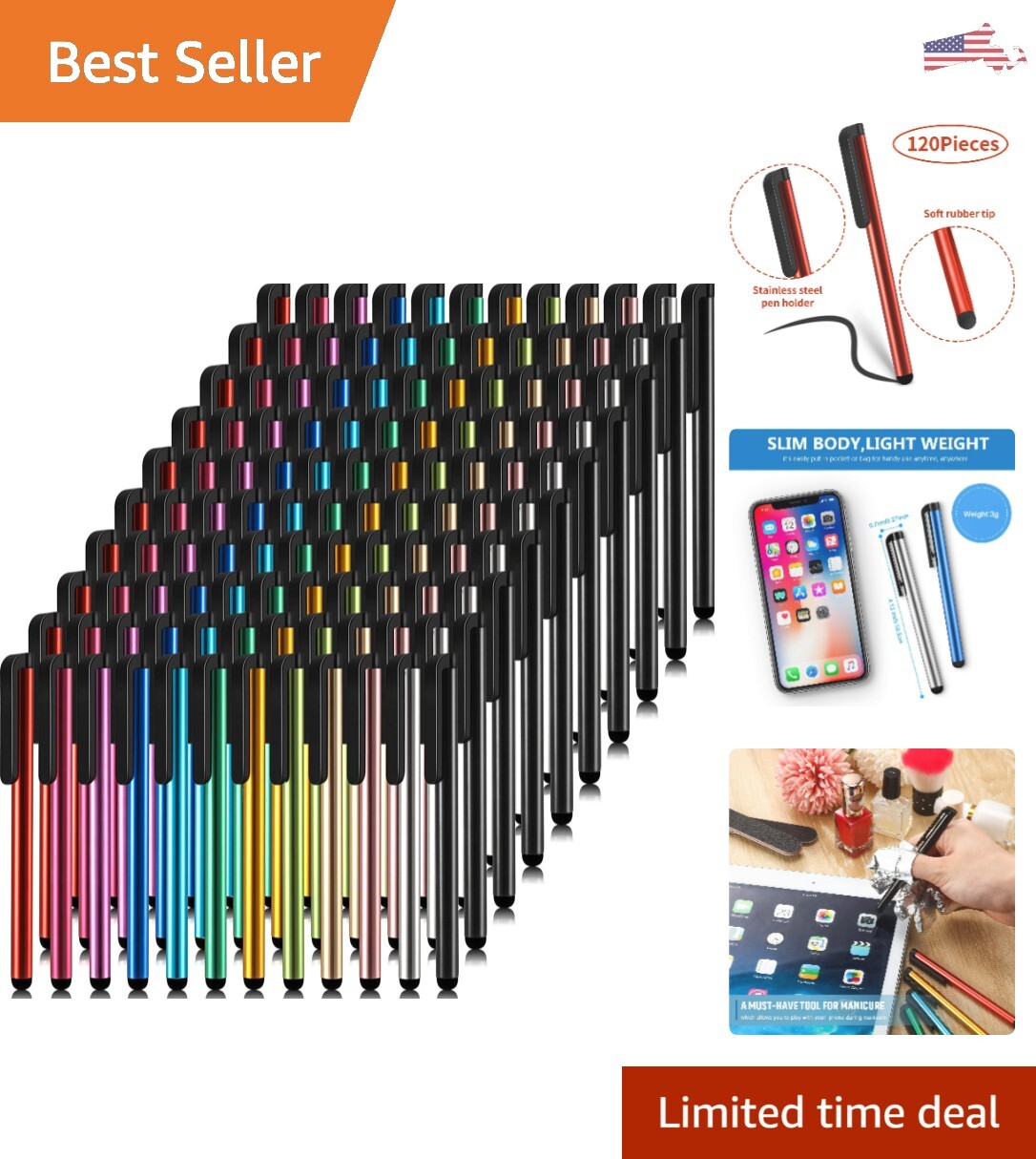 Universal Slim Stylus Pen - 120 Pieces - 12 Colors, iPad iPhone Samsung Tablet