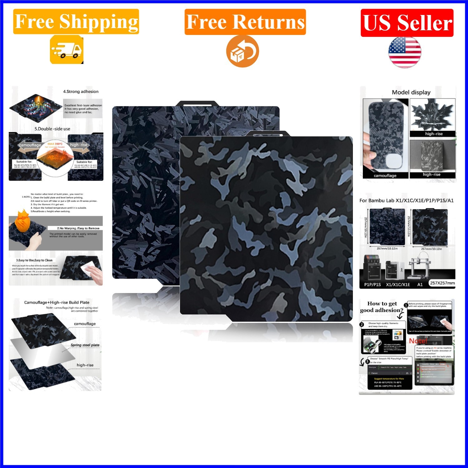 257x257mm Camouflage & High-Rise Double-Sided Build Plate for Bambu Lab