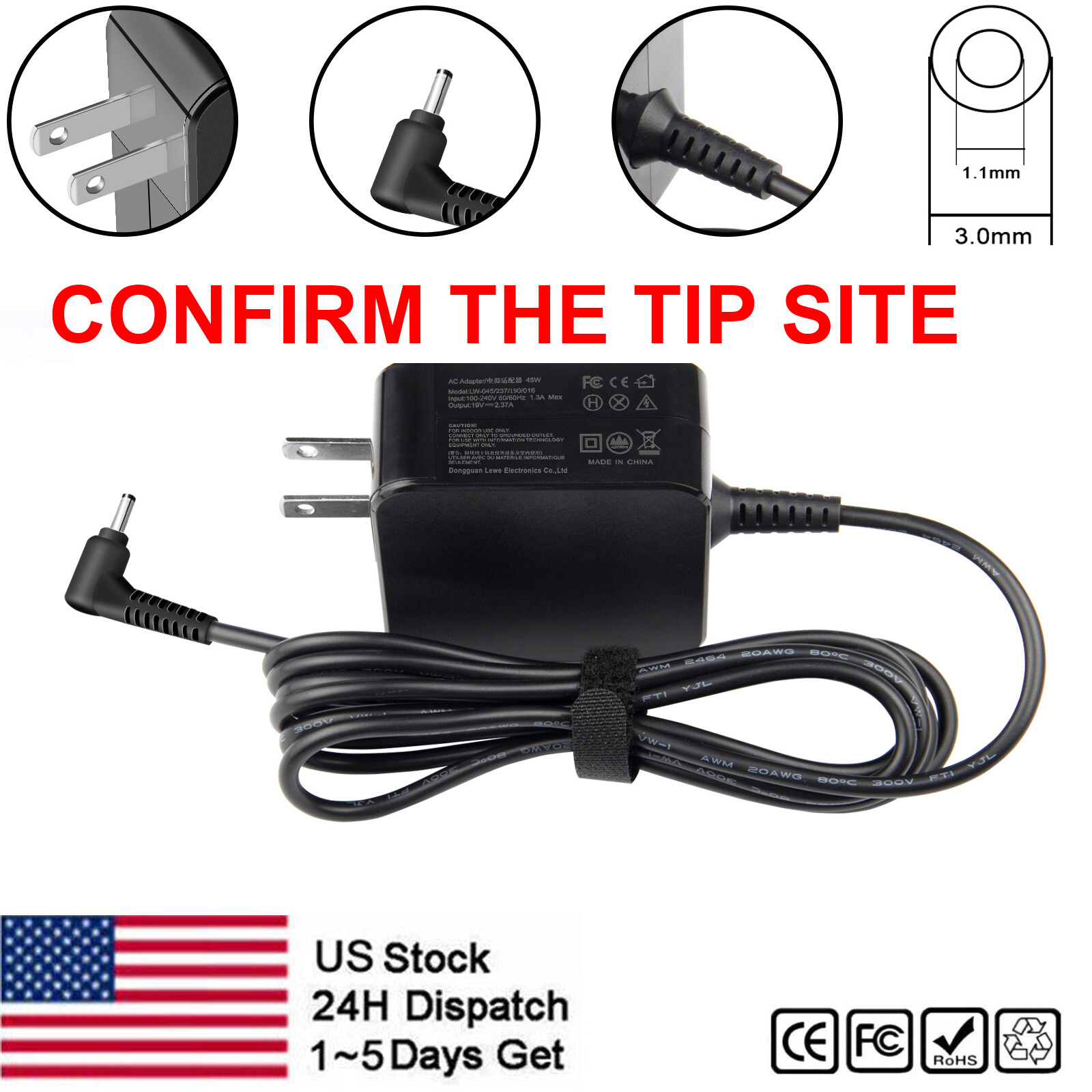 45W 19V 2.37A Laptop Charger AC Adapter For Acer Aspire/Spin 3 SP314-53N 3.0*1.1