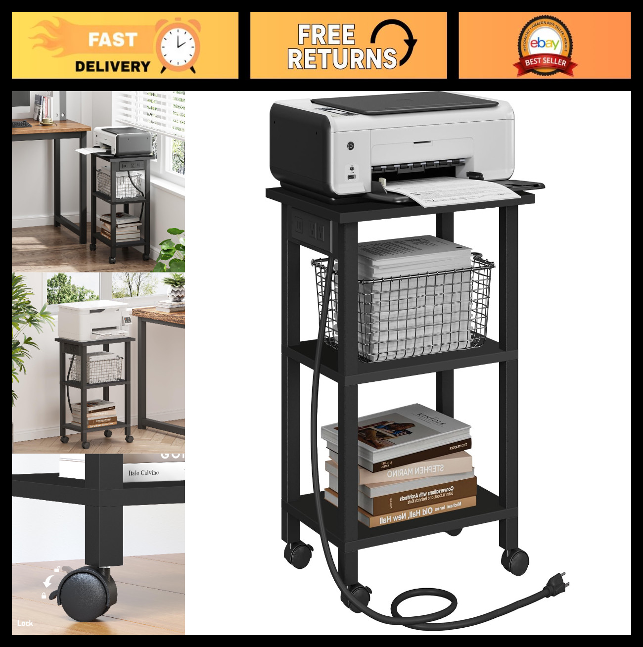 3-Tier Rolling Printer Stand with Power Outlets & USB Ports - Mobile Office Cart