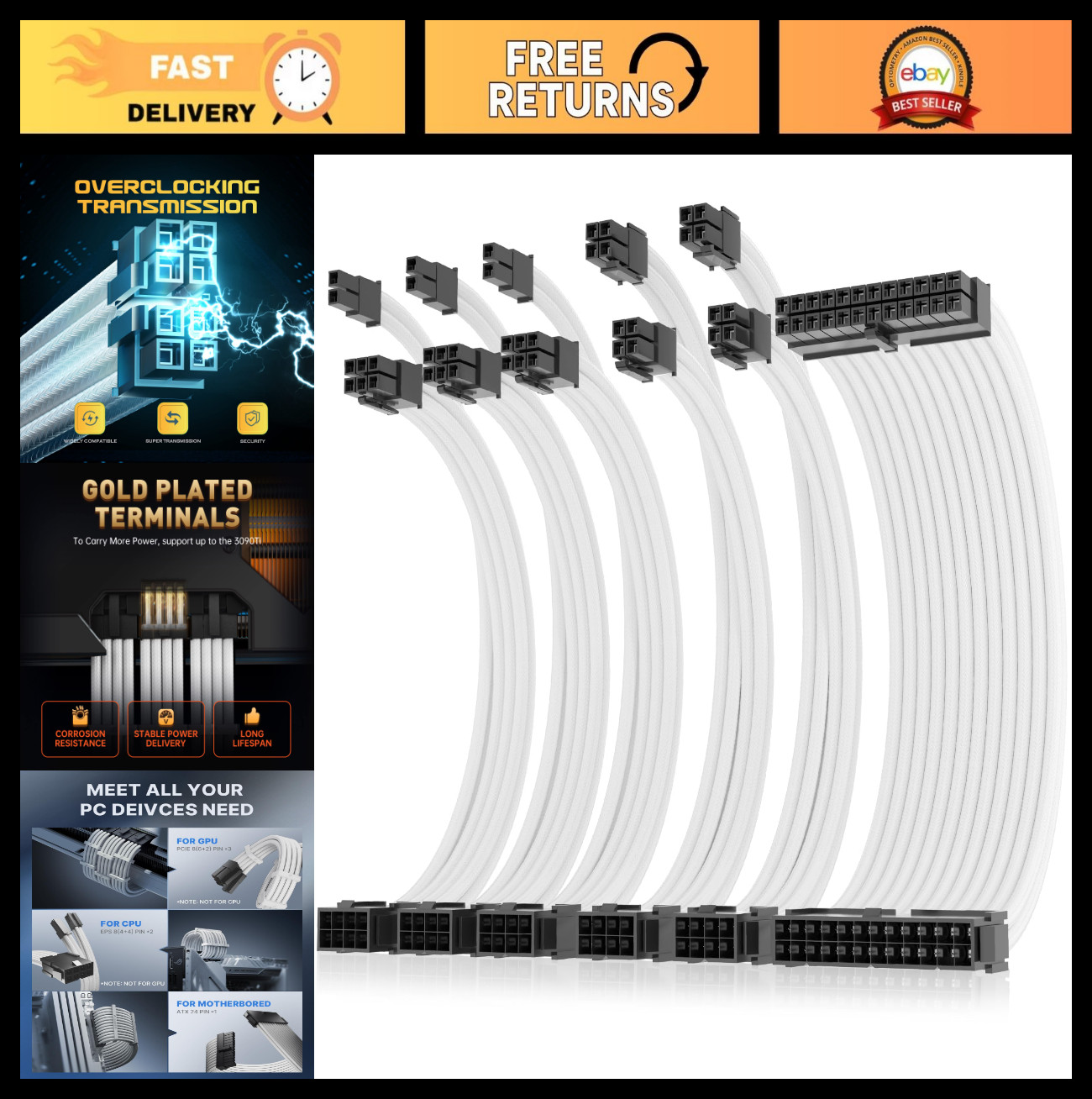 16AWG Power Supply Extension Cable Kit - Dual EPS & PCI-E Sleeved Cables, 30cm
