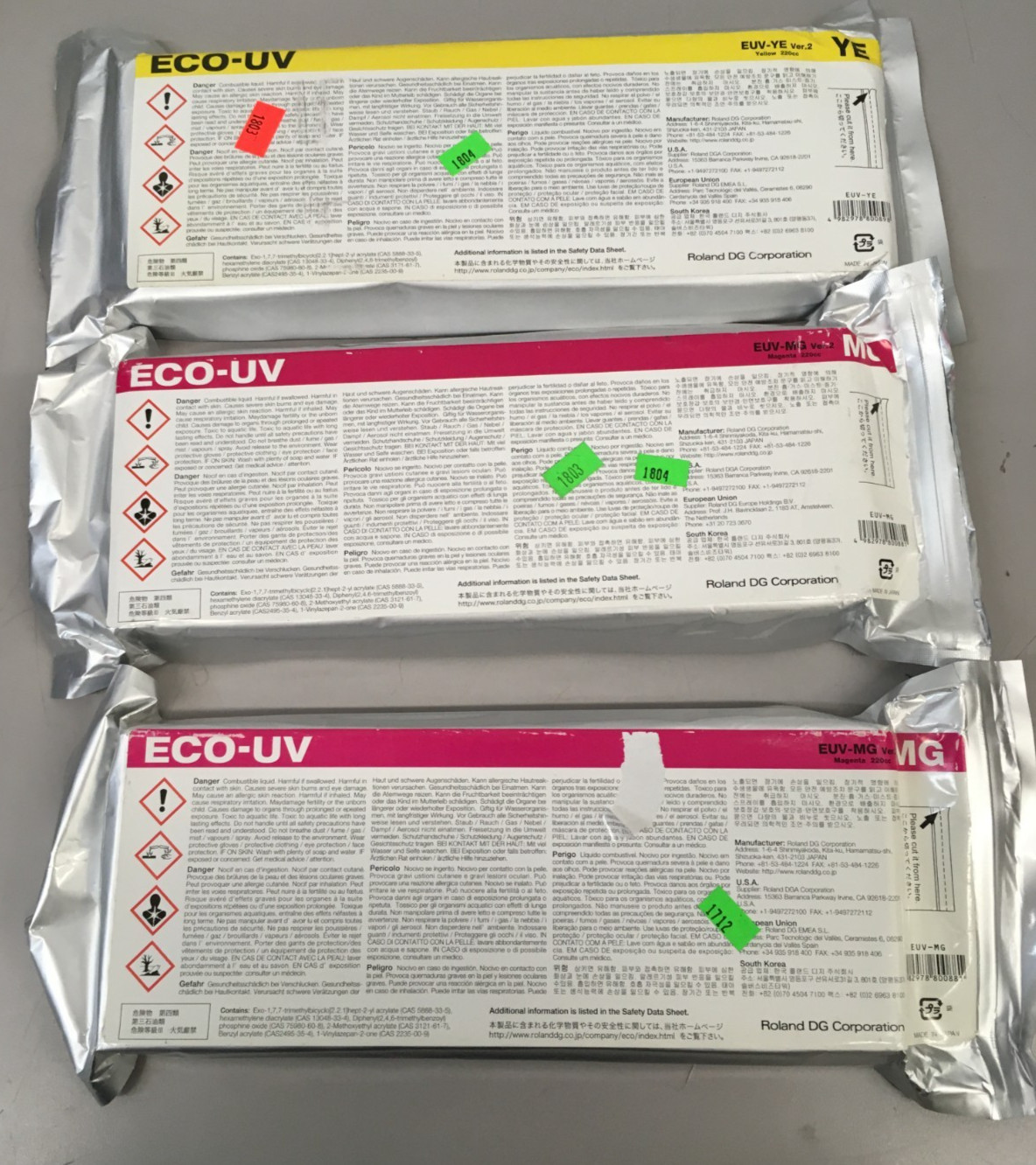 Lot of 3 Roland Eco-UV yellow  & (2) magenta Ink Cartridge EUV 220ml
