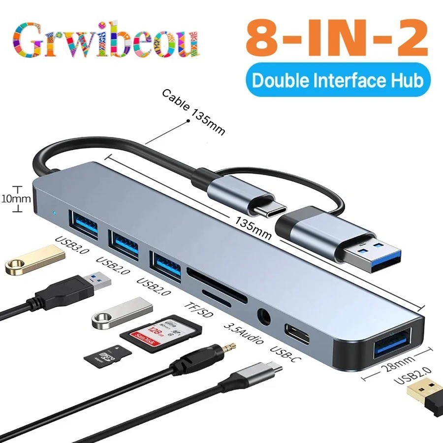 8 in 2Port USB-C Hub Adapter - 5G Speed Multi Splitter for PC, Laptop & MacBook