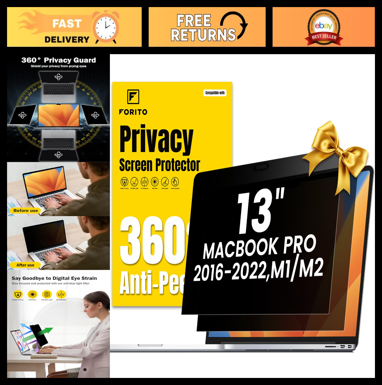 2-Pack 360° Privacy Screen for MacBook Pro 13" (2016-2022) - Anti-Glare, Eye Pro