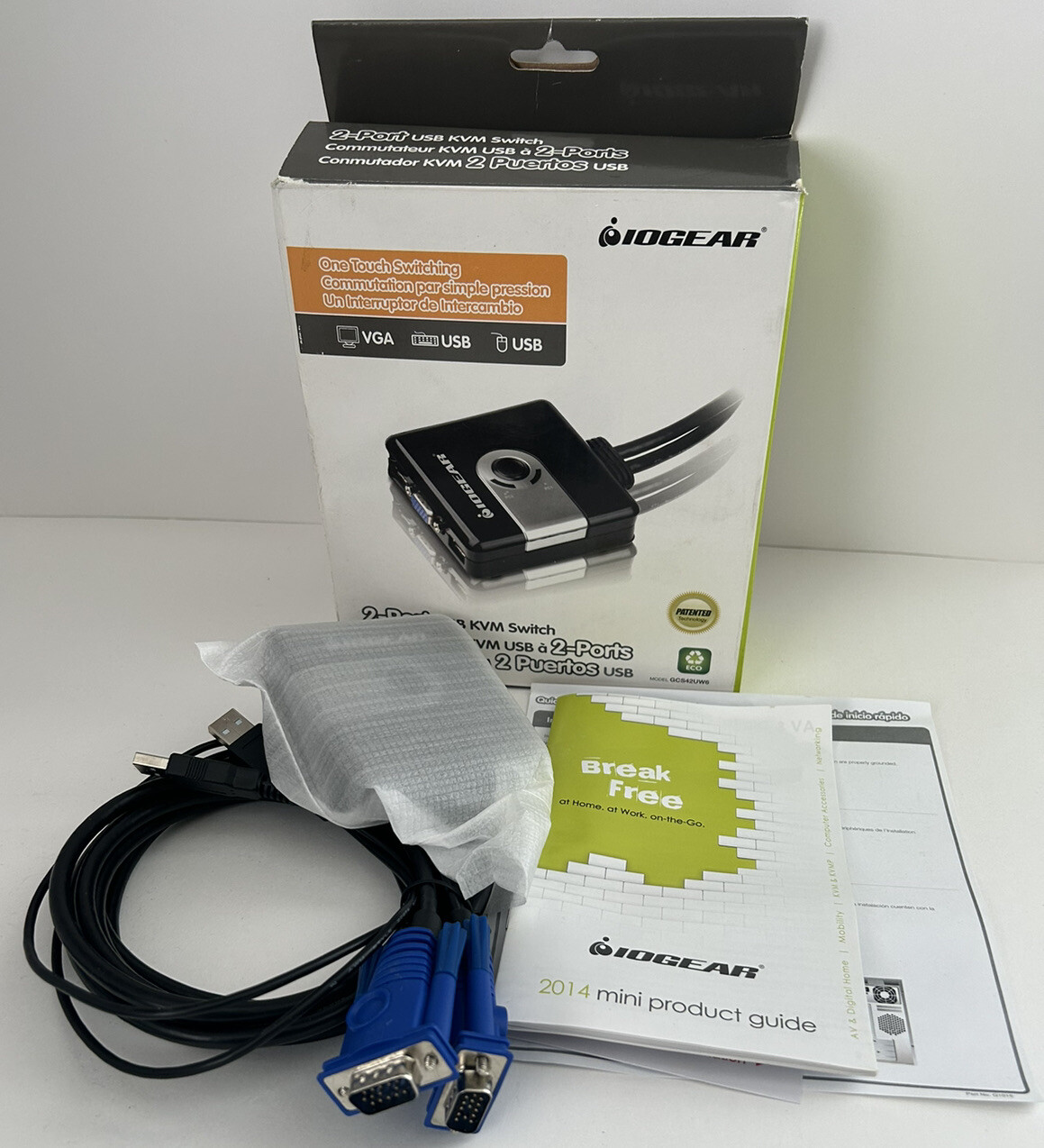 IOGEAR 2-Port Compact USB VGA KVM with Built-in Cables GCS42UW6