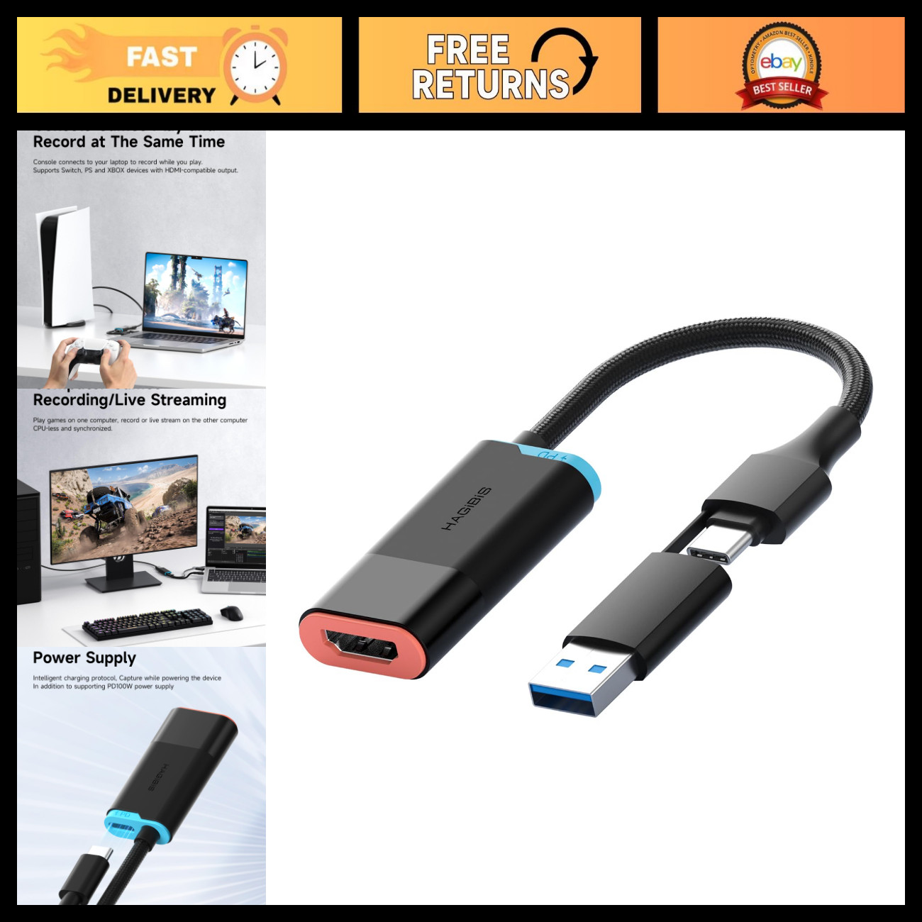 4K Video Capture Card 60Hz, HDMI to USB A/C, 100W PD, 1080P 240fps for Gaming &