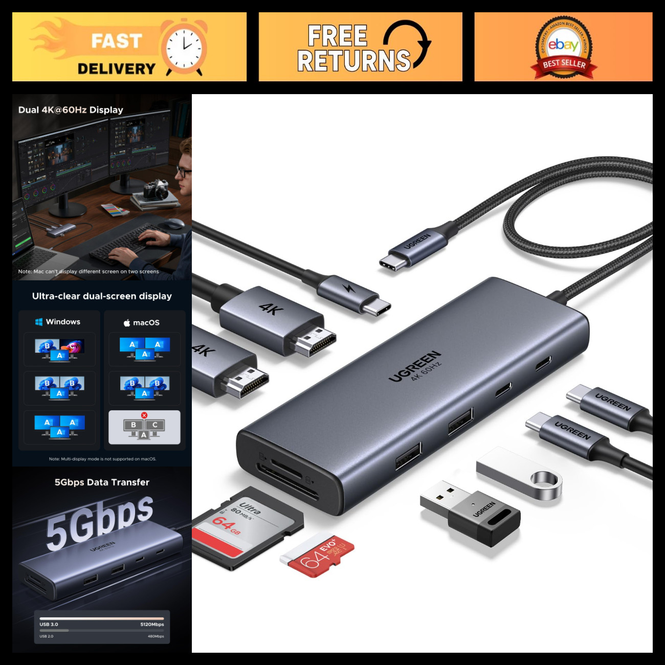 9-in-1 USB C Docking Station for Dual Monitors, Aluminum Hub with 2x HDMI Ports
