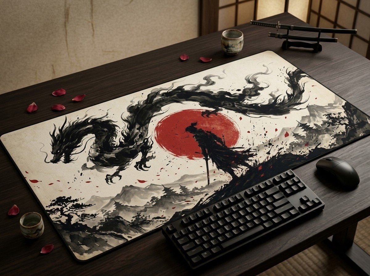 Samurai Silhouette Desk Mat Japanese Dragon Ink Wash Gaming Mouse Pad Desk Pad