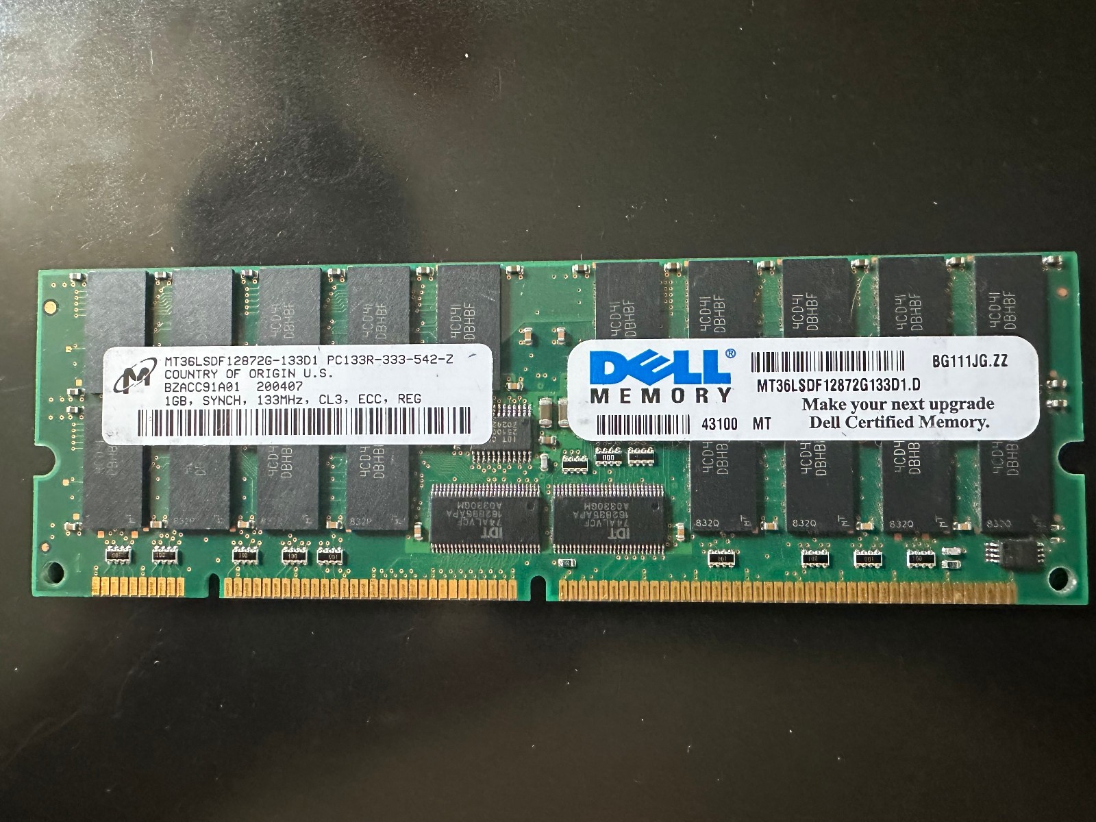 Micron  DELL  MT36LSDF12872G-133D1 33l3327 PC-133 1GB ECC RAM SERVER MODULE