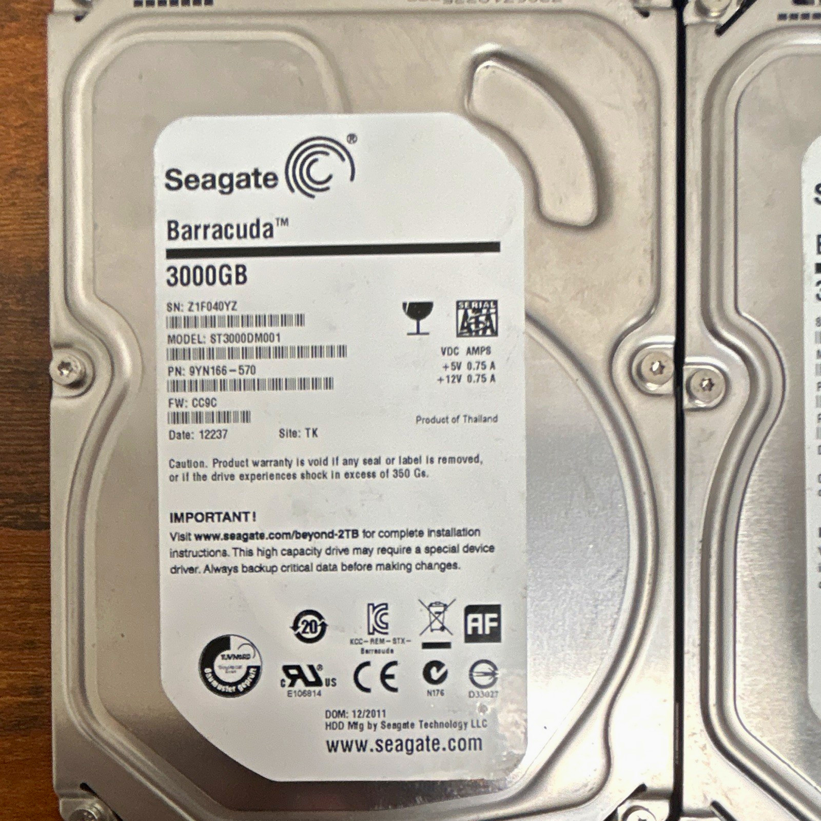 Seagate Barracuda ST3000DM001 3TB 3.5 SATA Internal HDD 7200RPM 64MB