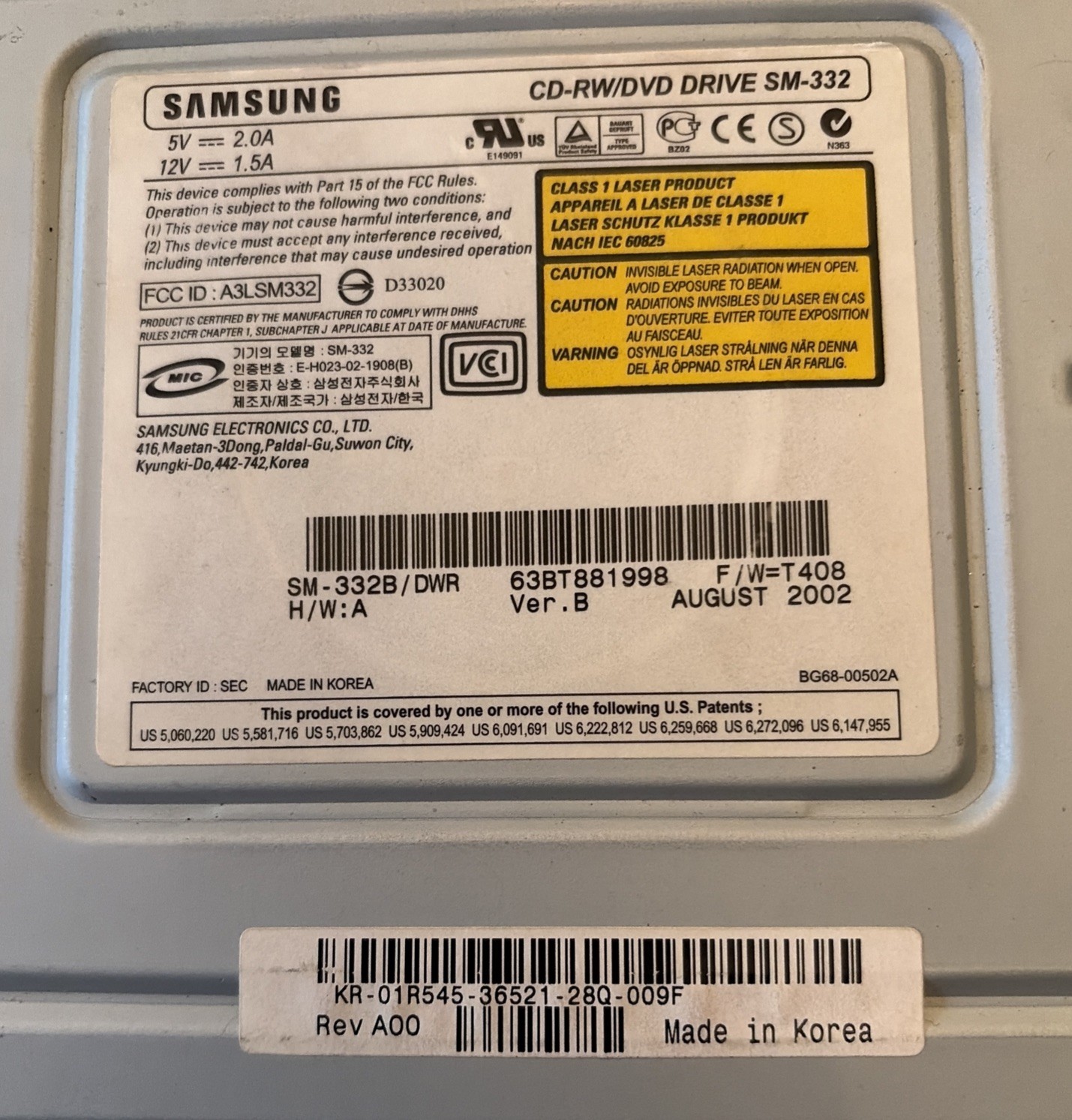 Samsung SM-332 CD-RW/DVD-ROM Combo Drive IDE SM-332B DWR October 2002