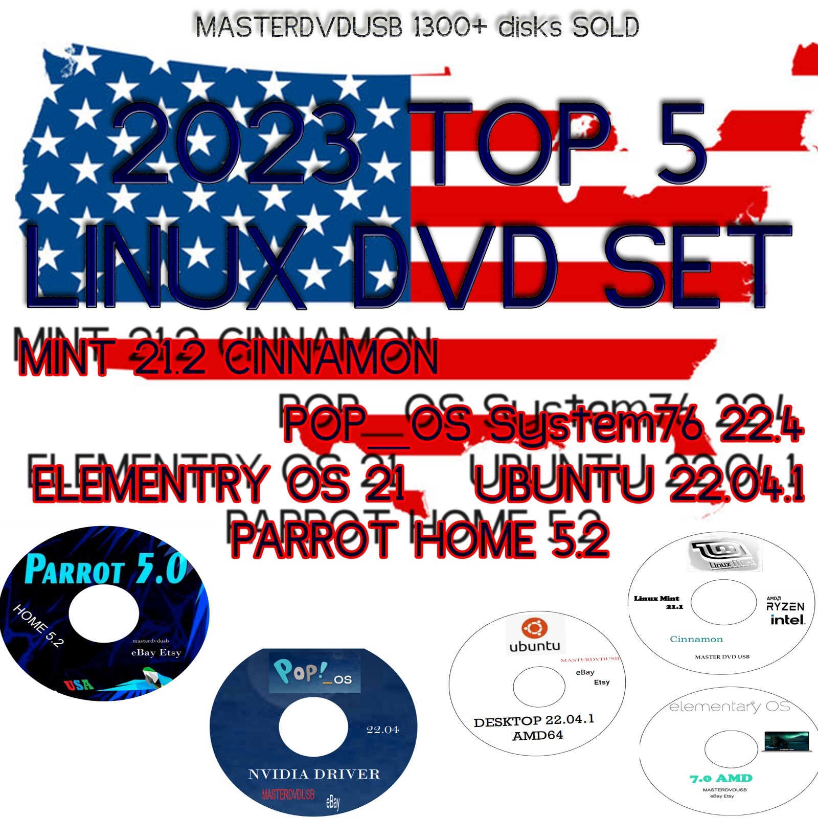 TOP 5 LINUX DISTOS 5 DVD SET 2023  MINT21.2, UBUNTU 22.04.1, POP_OS 22.04 USA
