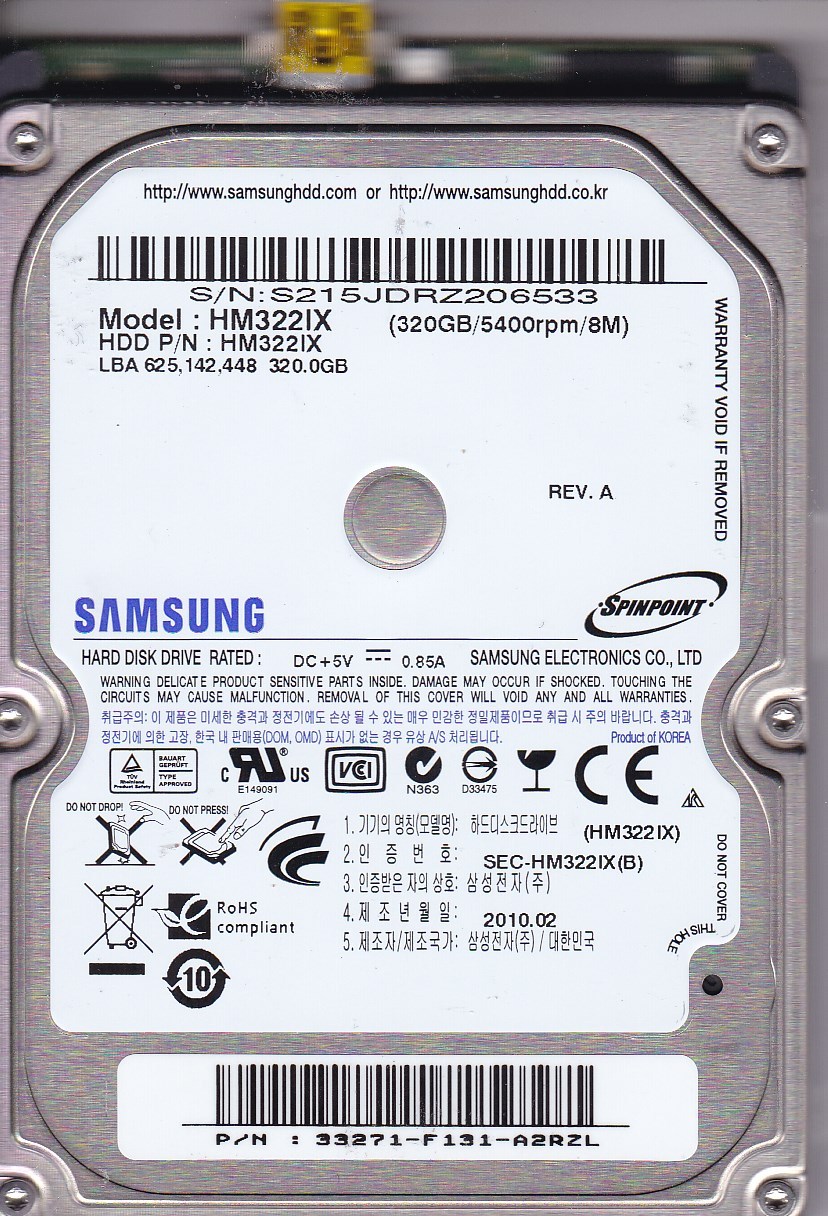 Samsung HM322IX pn: HM322IX fw: 2AC101C4 pn: 33271-F131-A2RZL 320GB USB 2.0 5024