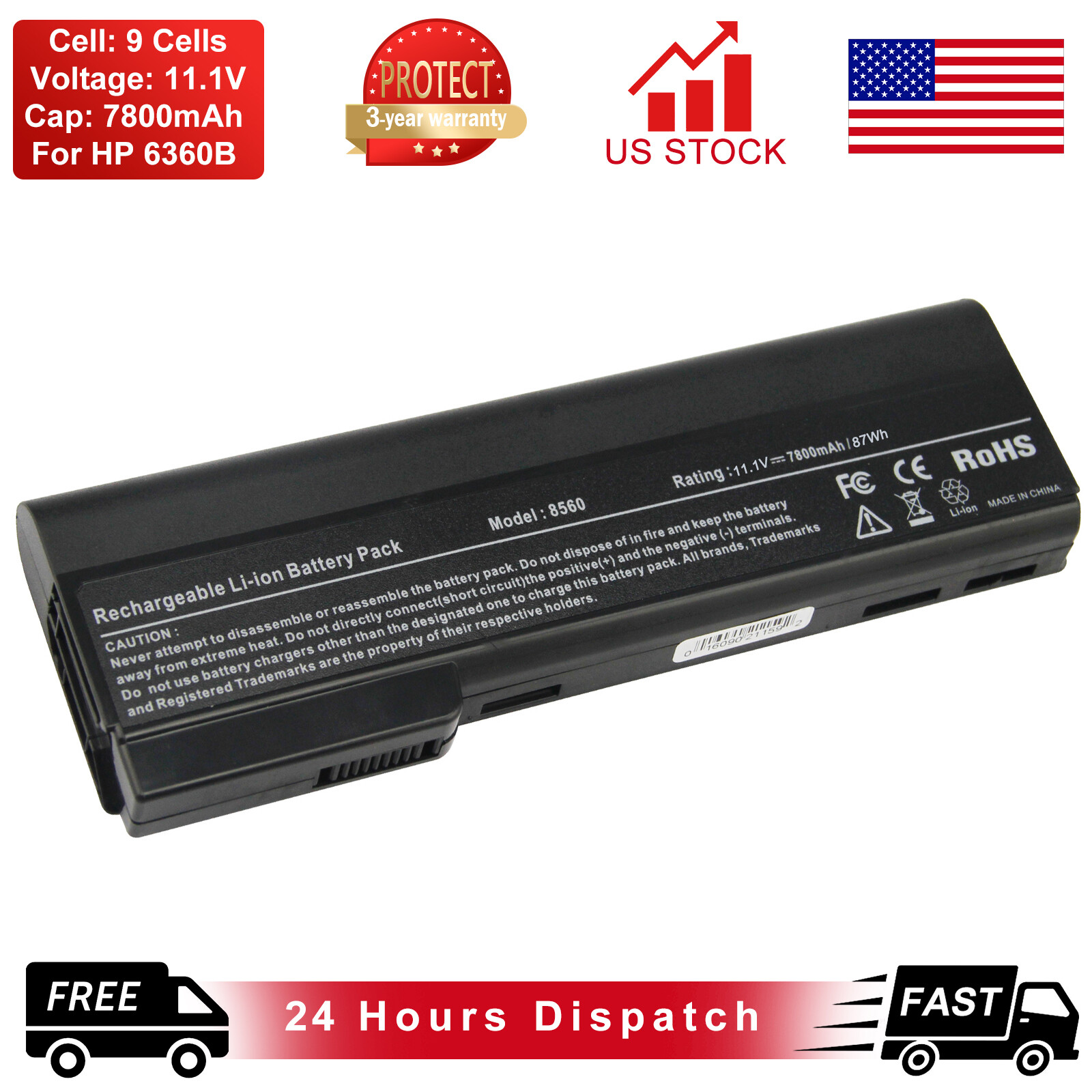 10.8V 7800mAh Battery for HP ProBook 6360b 6460b 6465b 6560b 6565b Laptop 9Cells