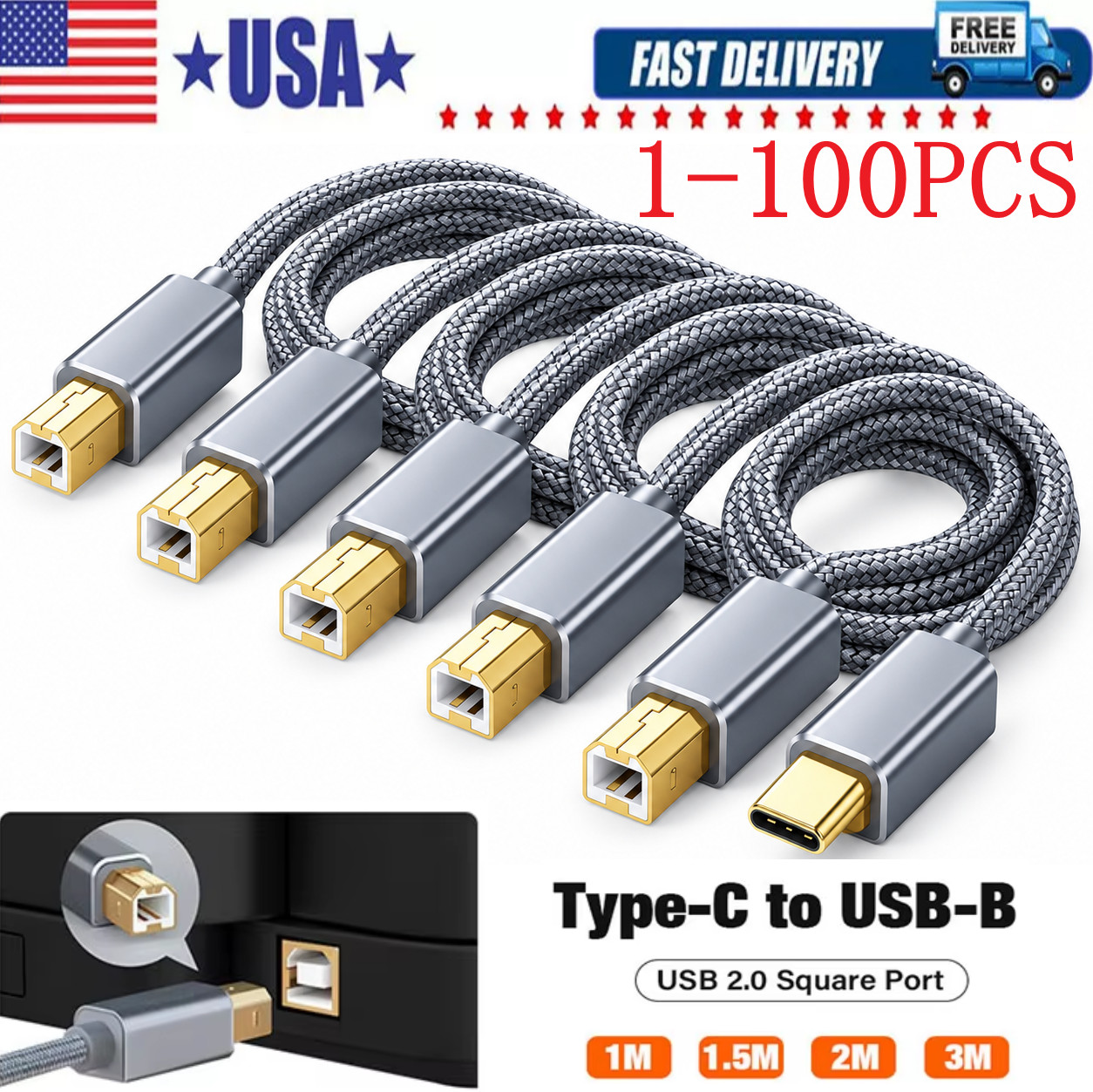 USB-C to USB-B 2.0 Cable For Nylon Epson HP Canon Brother Printer Scanner Lot