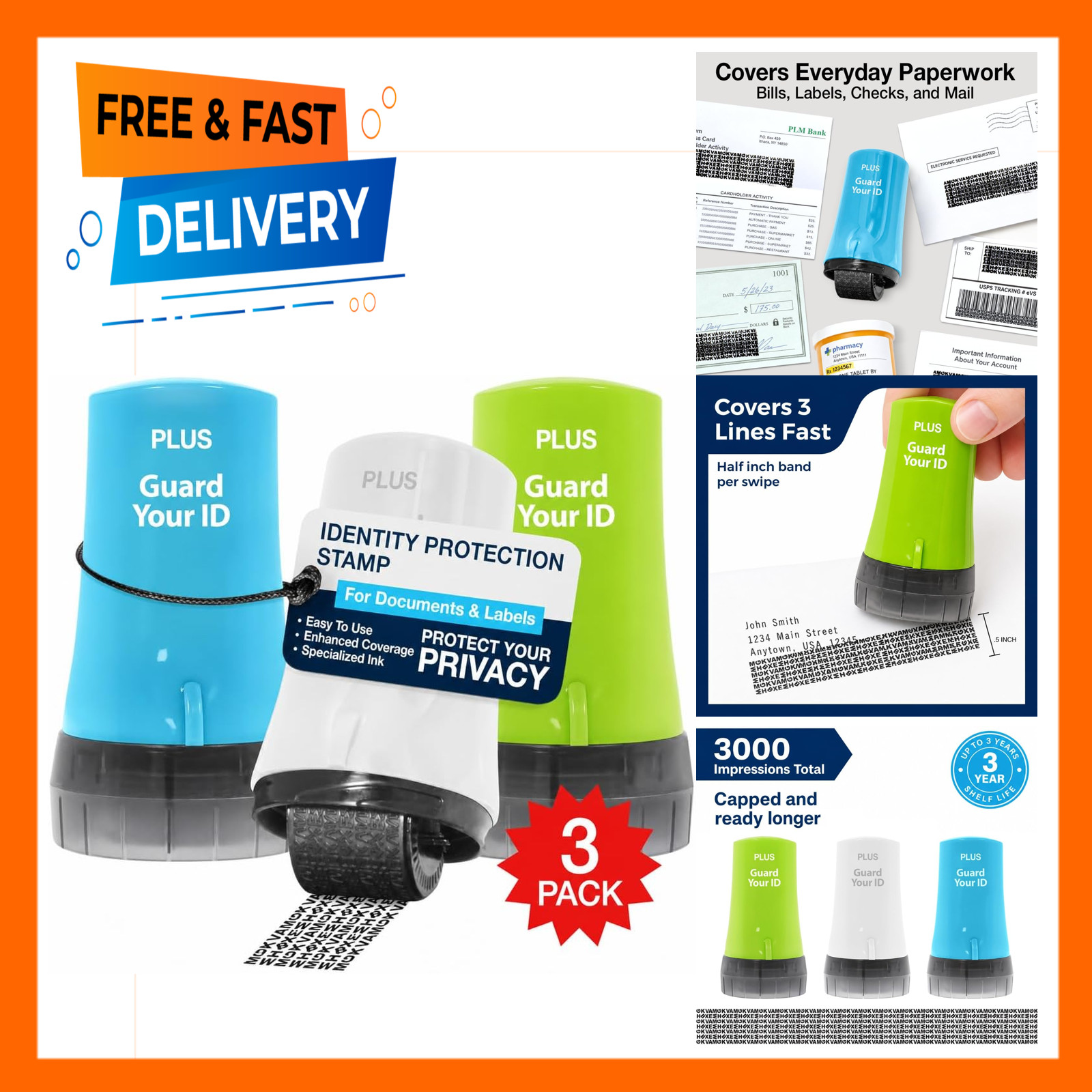 Identity Theft Protection Stamp Set, 3-Pack Mail Privacy Rollers, 0.5 Inch