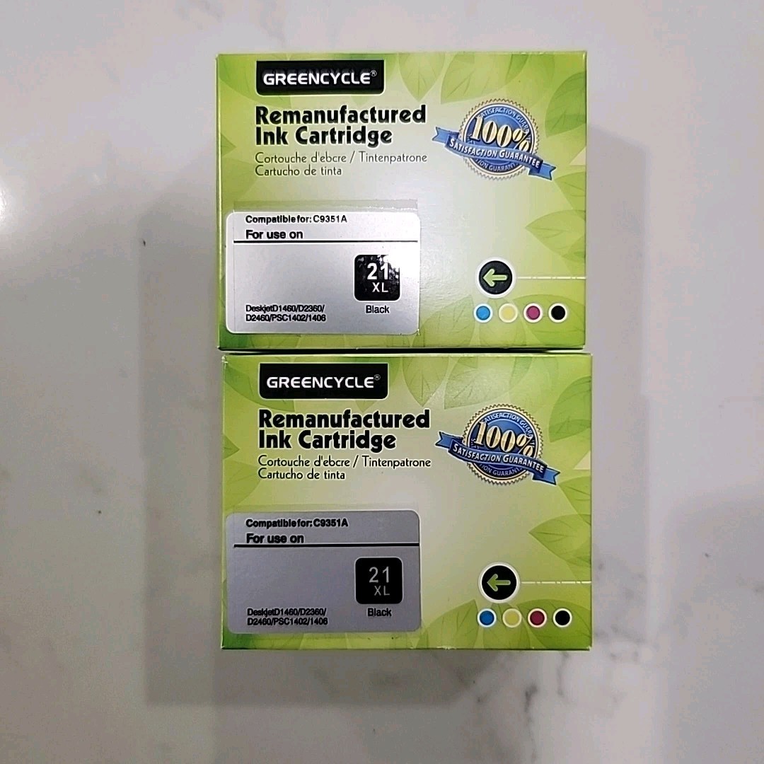 Greencycle Ink Cartridge 21 XL BLACK Two Pack Brand New.