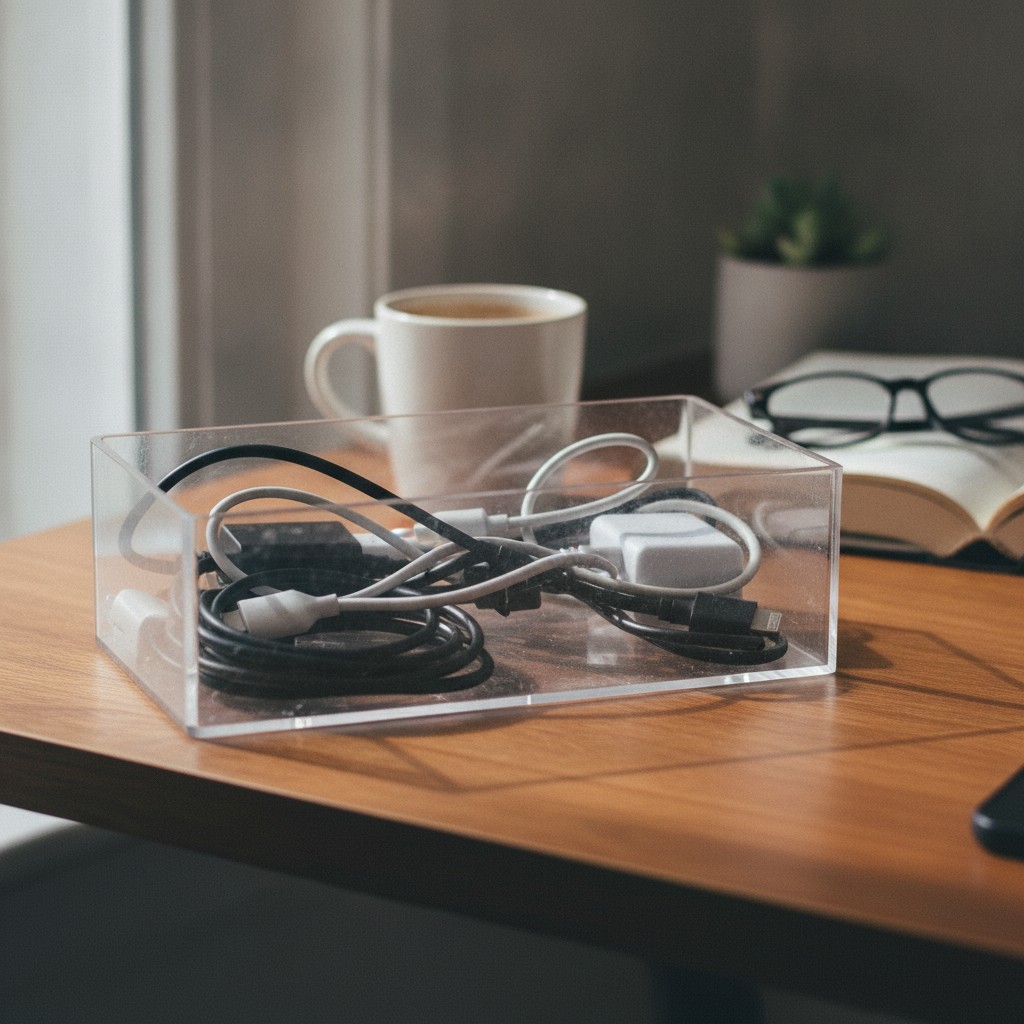 11 Grid Clear Cable Organizer Box with Switch for Desktop Cord Storage | Offi...