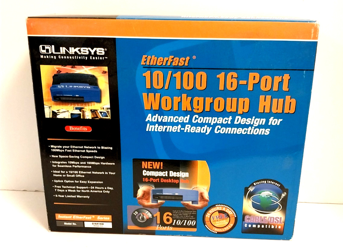 LINKSYS EFAH16W EtherFast 10/100 16-Port Workgroup Hub Internet Ready - Open Box