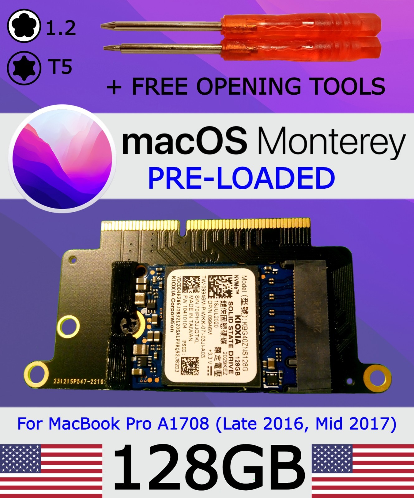 128GB SSD For 2016 2017 Apple MacBook Pro no touch bar A1708 | *Monterey Loaded*