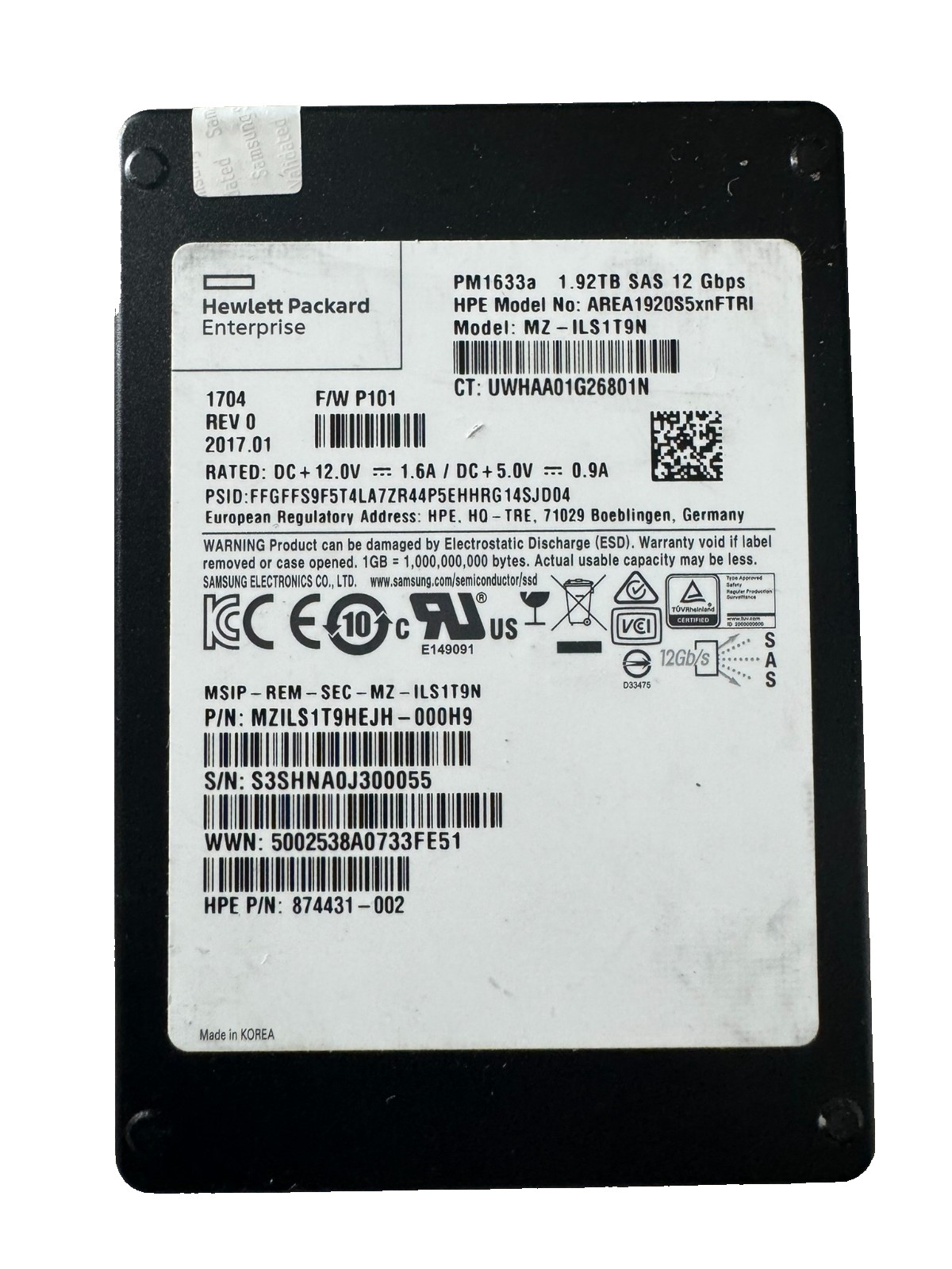 HPE SAMSUNG PM1633a 1.92TB 2.5" SAS SSD 12Gbps/512b/Less Hrs/Perfect 100% HEALTH