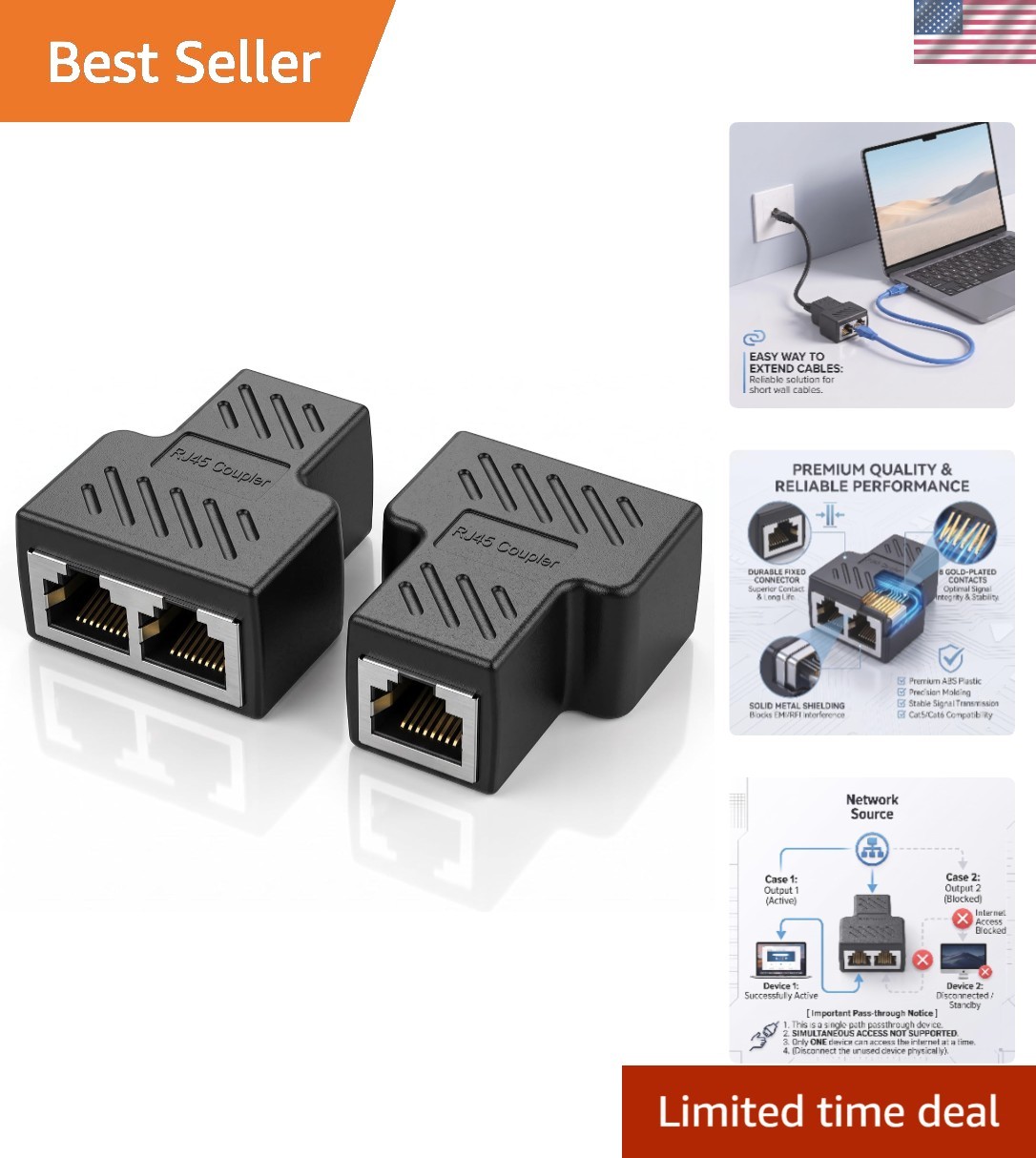 Gold-Plated RJ45 Ethernet Splitter: Extend Your Network with Two Ports Easily