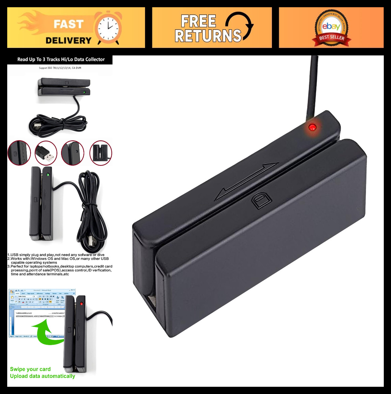 Magnetic Stripe 3-Track USB POS Credit Card Reader - Swiper for Payments