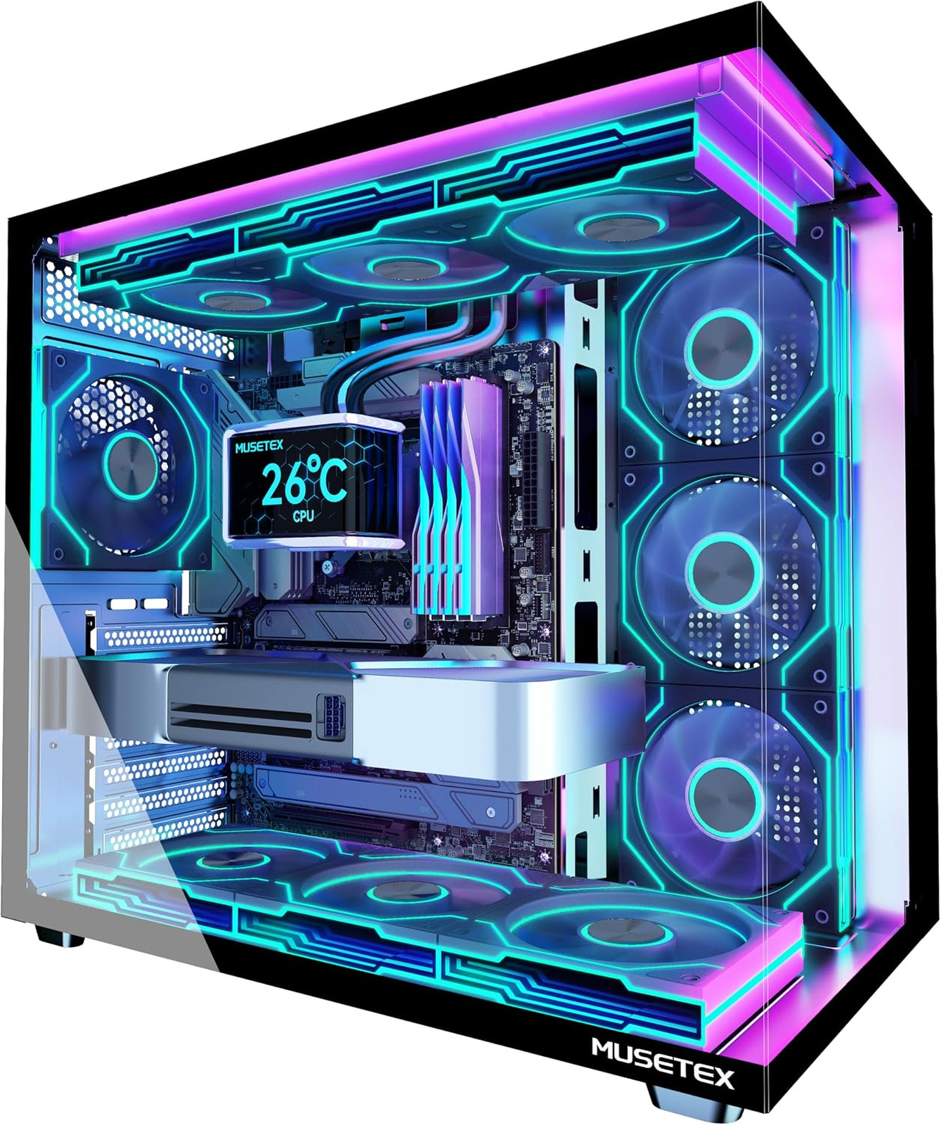 Y6 PC Case, Pre-Installed 7 Infinity Mirror PWM ARGB Fans, ATX Mid Tower