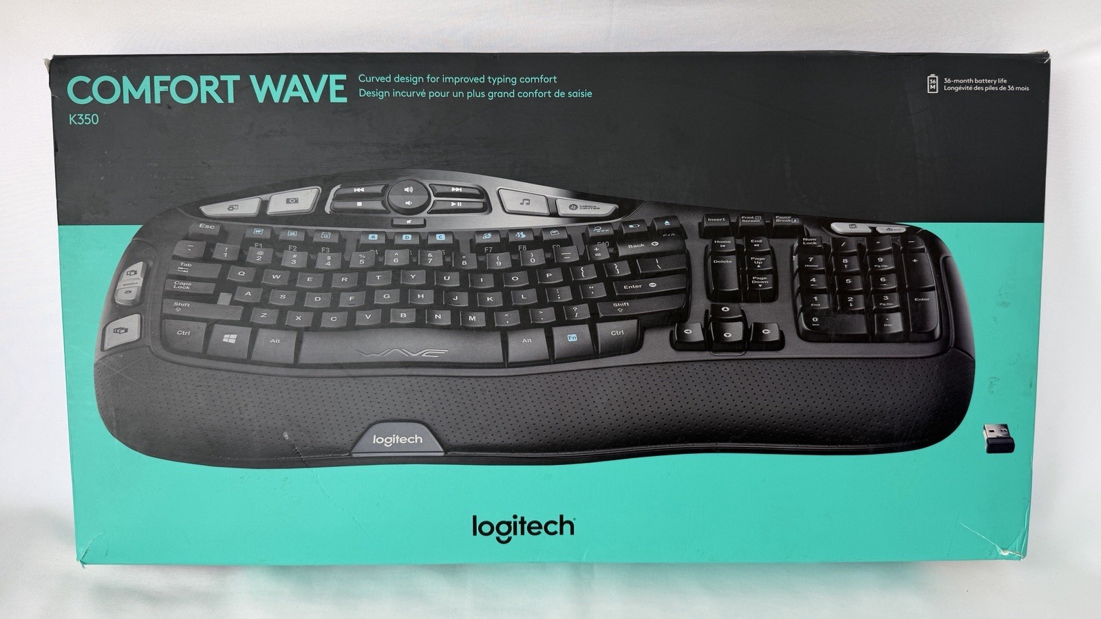 Logitech K350 ComfortWave Wireless Ergonomic Keyboard Unifying Receiver New Open