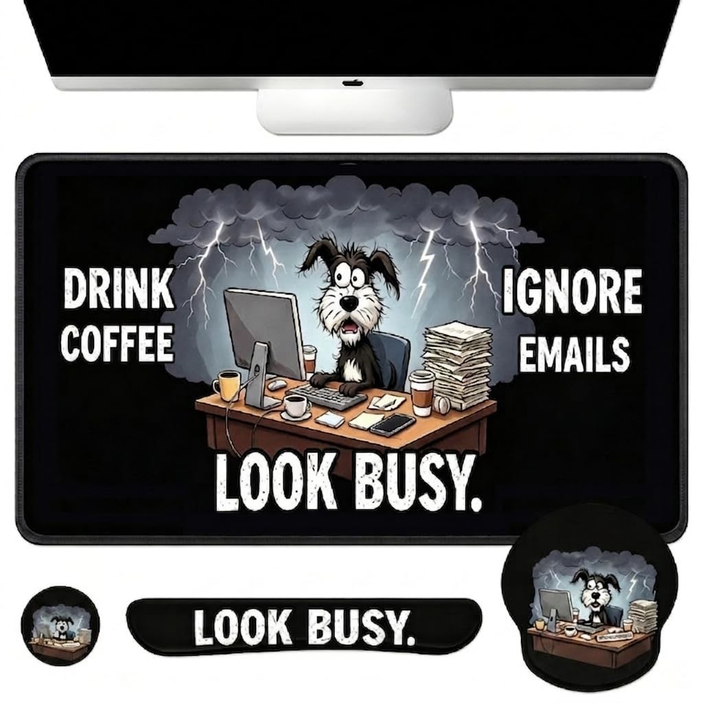 Keyboard Mouse Pad Set, 4 in 1 Desk Mat Set, Funny Coffee Dog