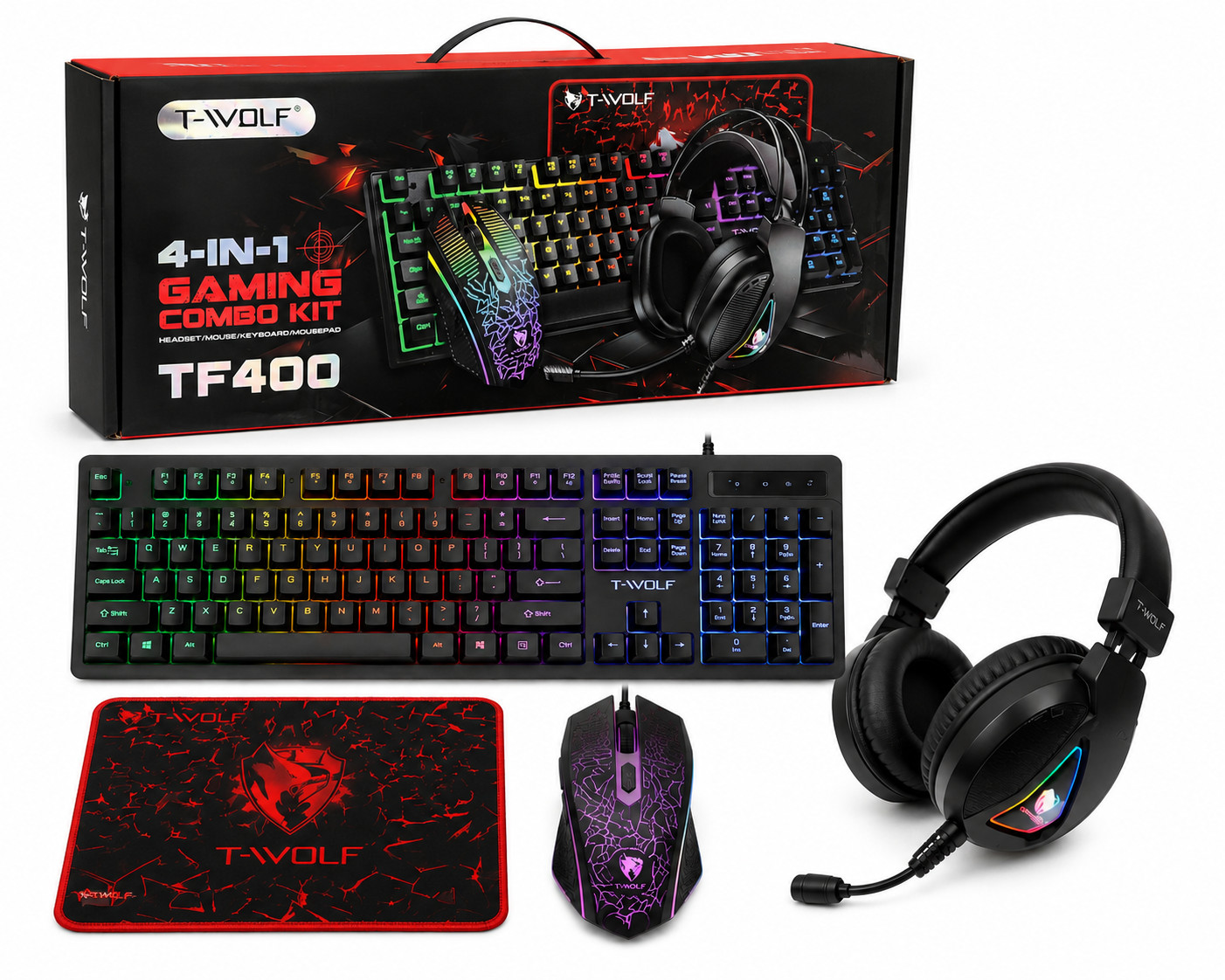 T-WOLF TF400 4-in-1 RGB Gaming Combo Keyboard Mouse Headset Mouse Pad Kit