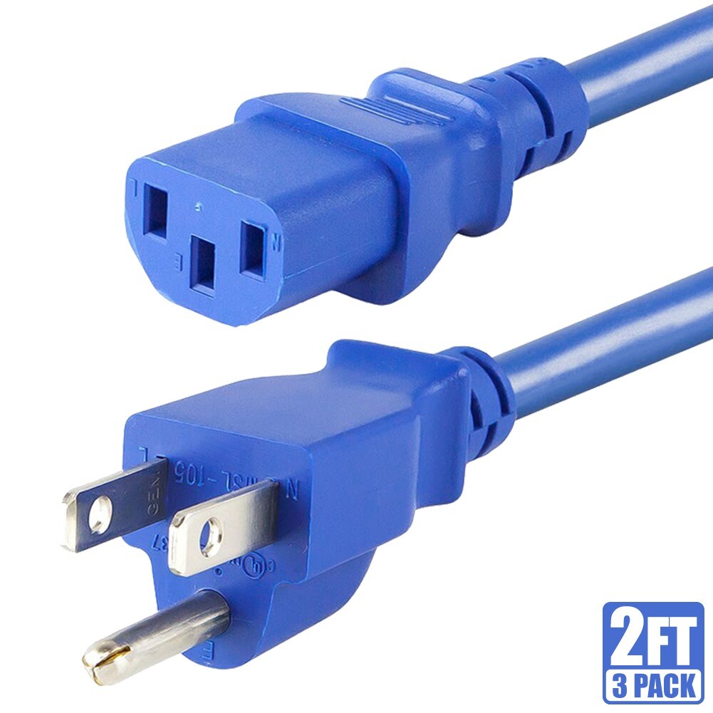 3x 2FT 18AWG Power Cord Cable NEMA 5-15P to IEC 60320 C13 10A PC Monitor Blue