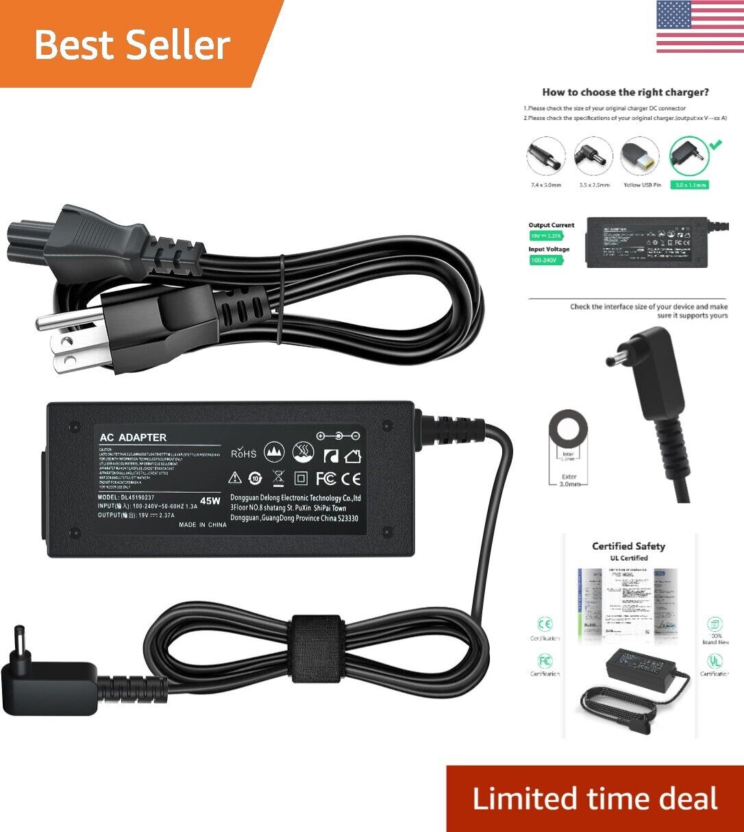Ultra-Durable Tangle-Free Charging Cable - Reliable - 19V 2.37A 45W