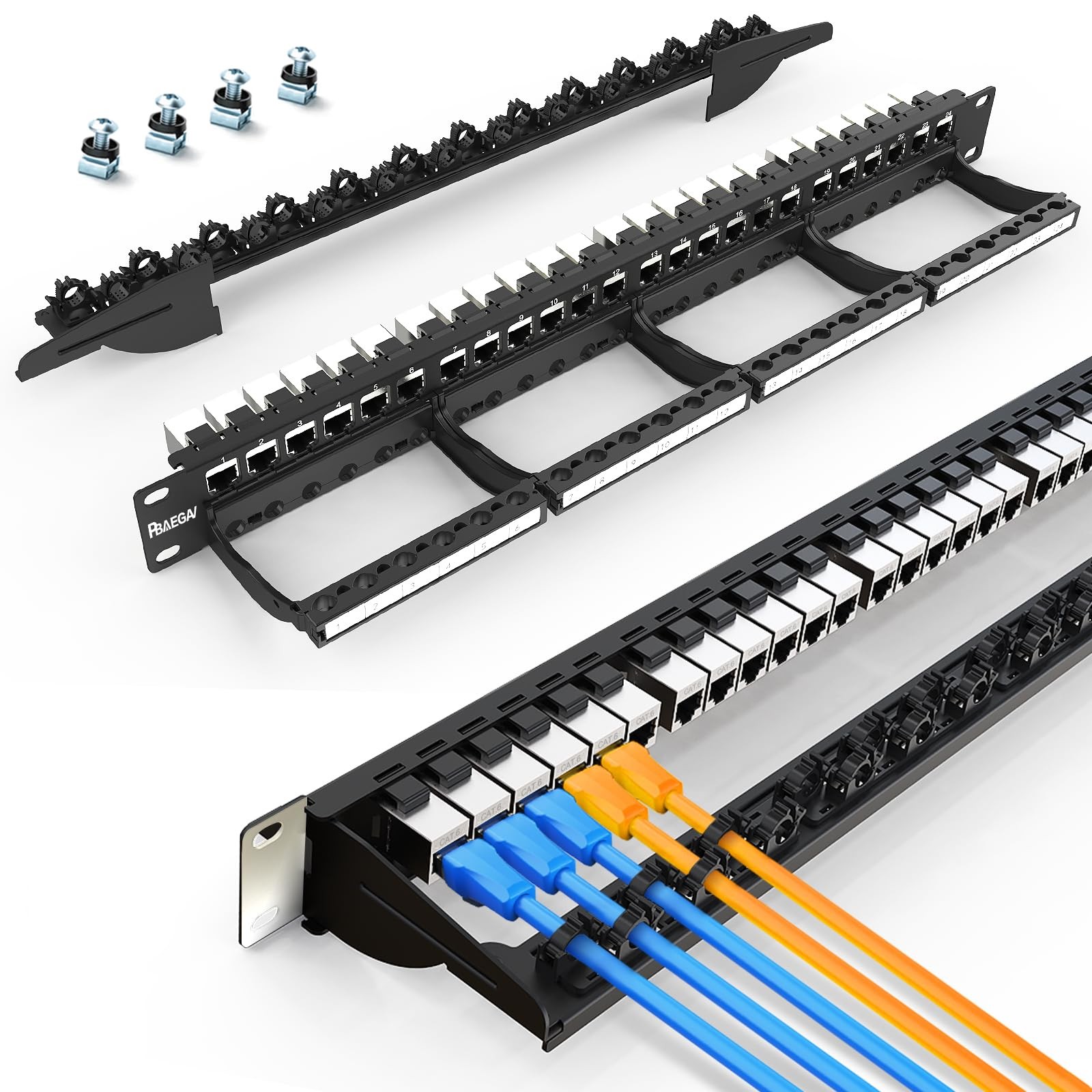 PBAEGAV Patch Panel 24 Port with cat6 STP Keystone Jack【EC Listed】 Front Cable