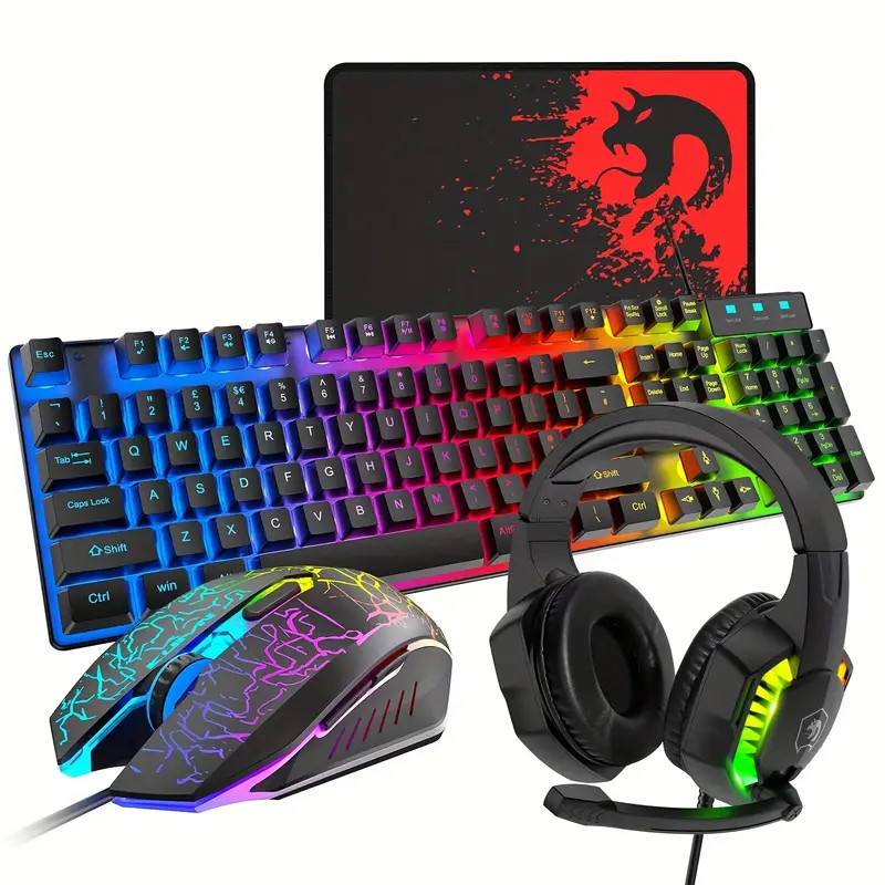 T11 Gaming Keyboard & Mouse & Headset & Mouse Pad Combo Set, Mechanical Feel Key