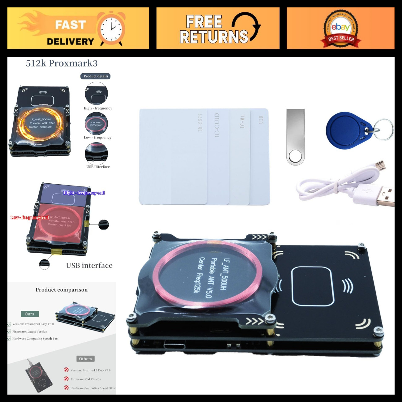 RFID Card Reader Writer Proxmark3 Easy V5.0, 512K Memory, NFC & EMV Support