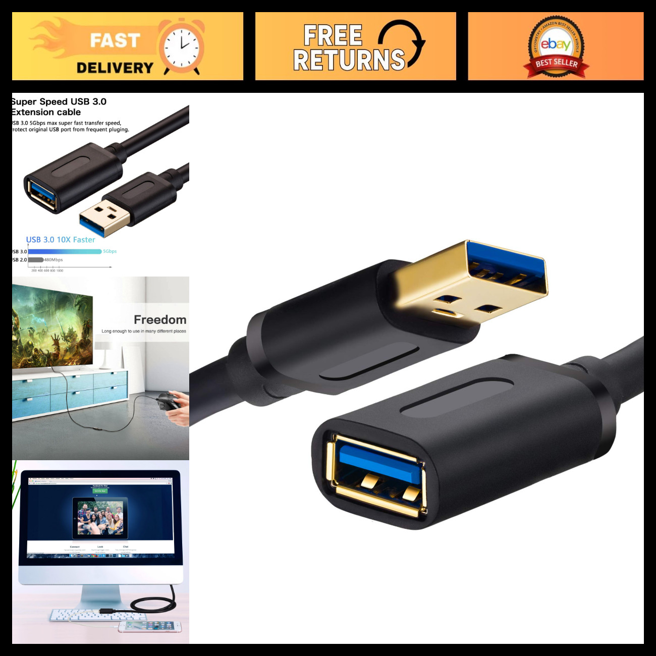 25FT USB 3.0 Extension Cable, High-Speed Male to Female Connector, Data Transfer
