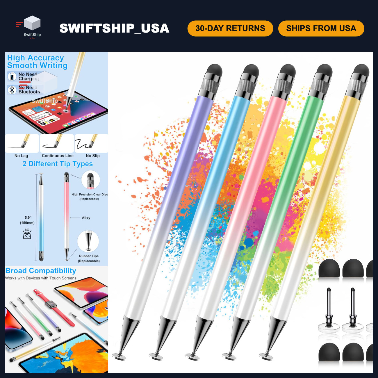 5 Pcs 2-in-1 Touchscreen Stylus Pen Set, Capacitive Stylus for Tablets & Phones