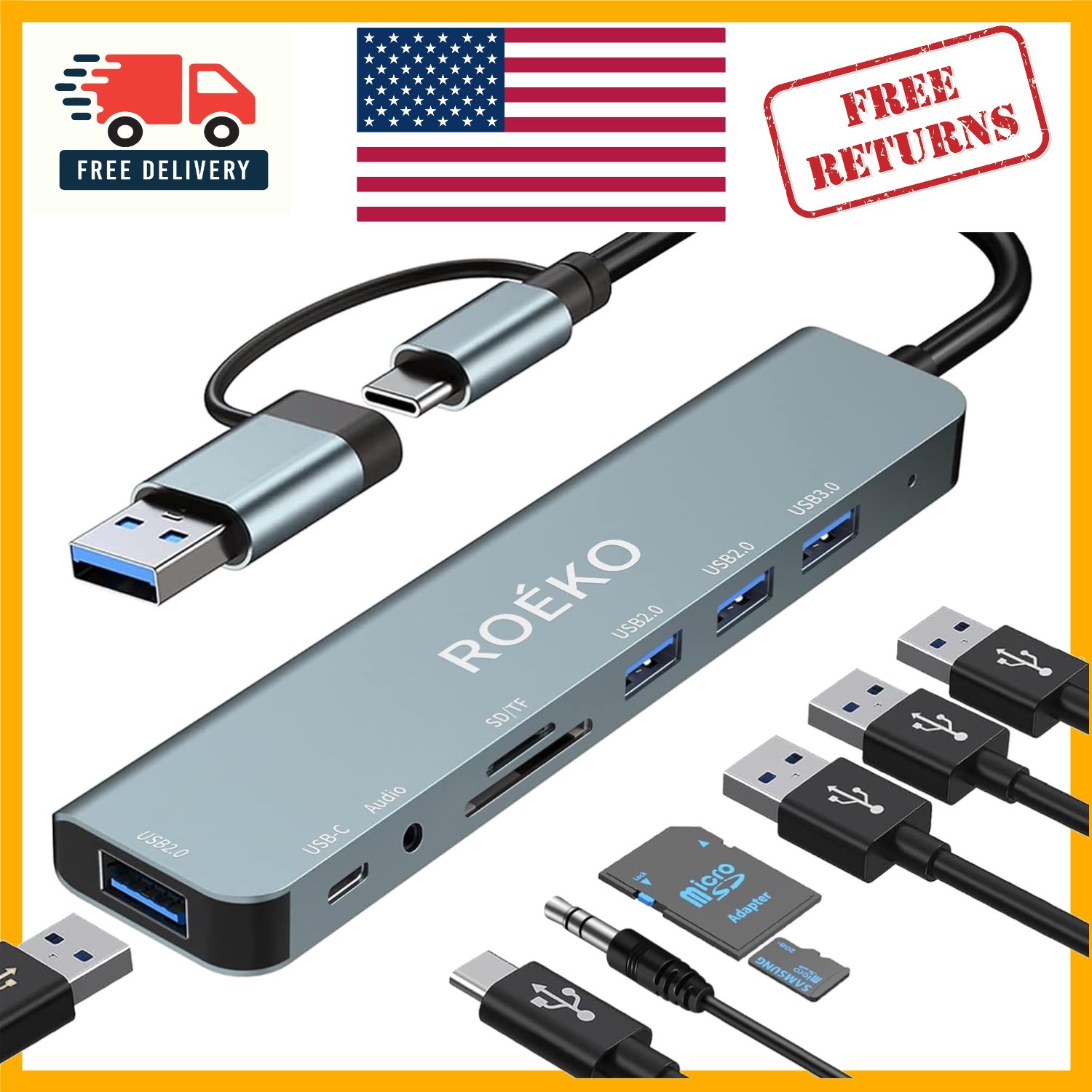 Elegant 8-Port USB Hub Adapter: 1x USB 3.0 & 2x USB-C for Seamless Connectivity