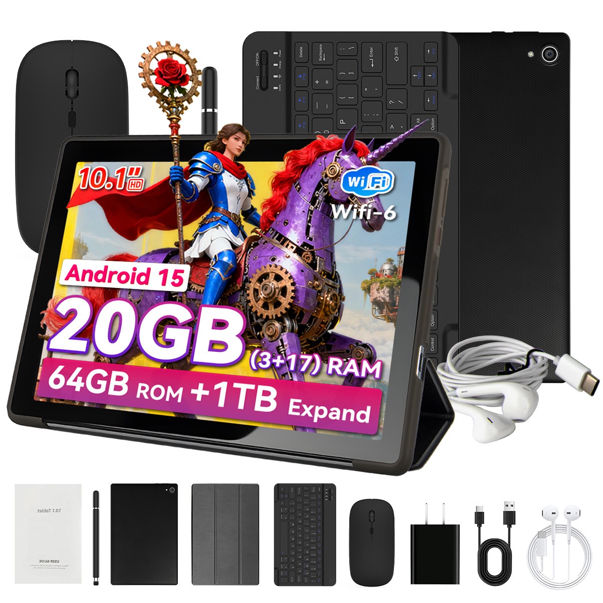 10.1 inch Android 15 Tablet 20GB RAM 64GB ROM WIFI Bluetooth with keyboard set